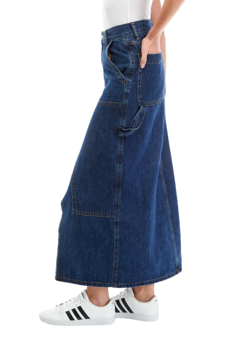 Womens Front Slit Straight Line Denim Midi Skirt 