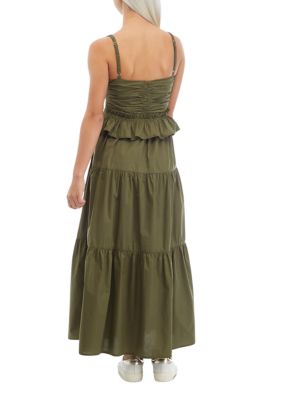 Women's Sleeveless Shirred Tiered Ruffled Midi Dress