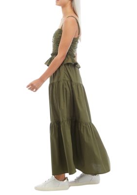 Women's Sleeveless Shirred Tiered Ruffled Midi Dress