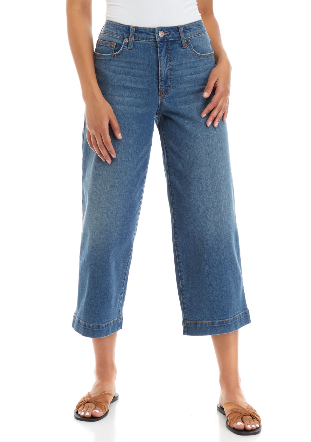 Womens High Rise Wide Leg Cropped Denim Jeans 