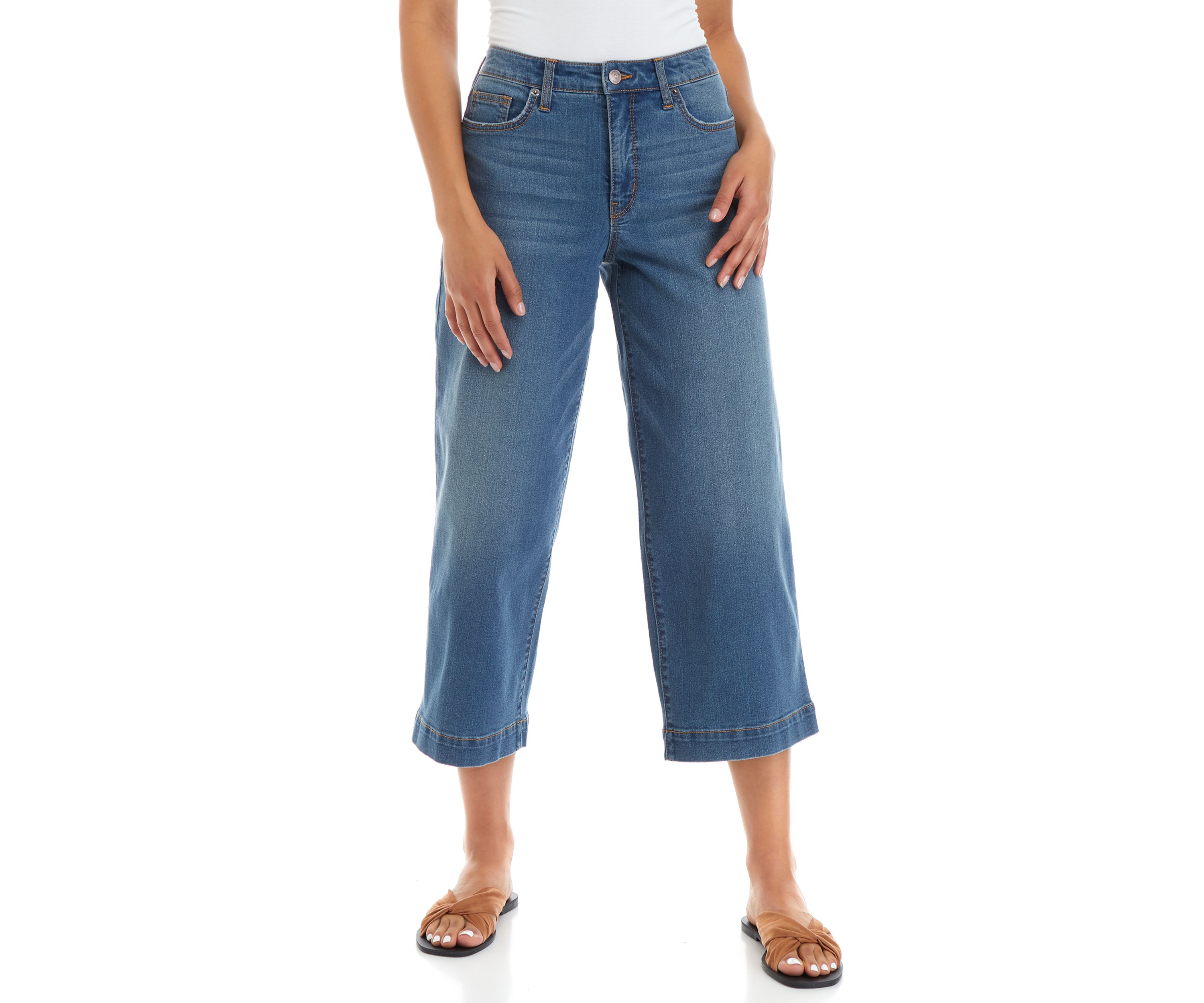 Womens High Rise Wide Leg Cropped Denim Jeans 