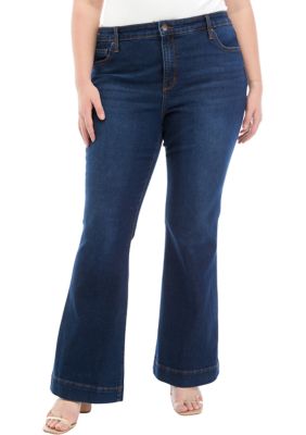 Plus Size Navy Blue Daily Denim High Waist Ruffle Bell Bottom Jeans