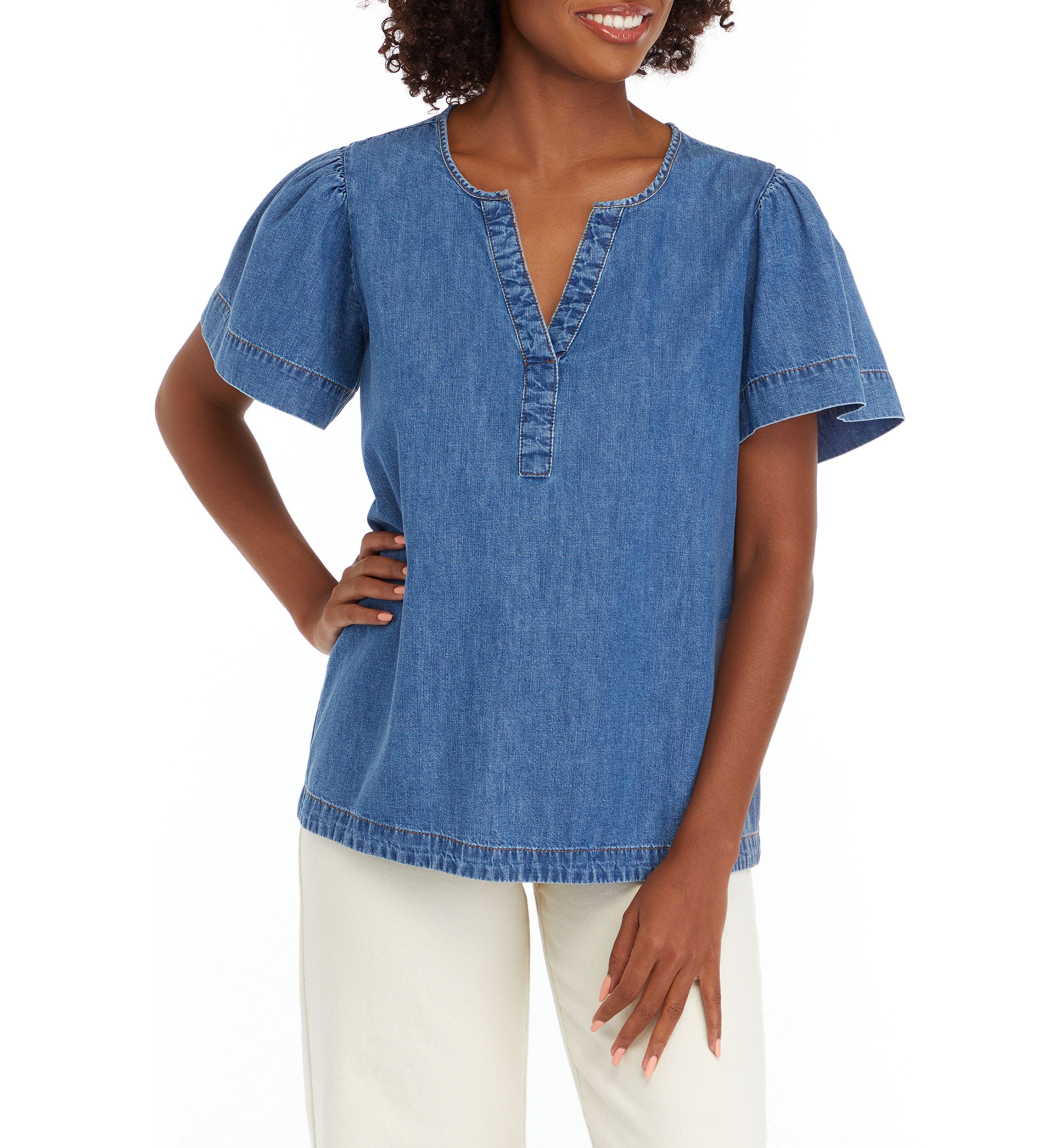 Petite Flare Sleeve Denim Popover Top 