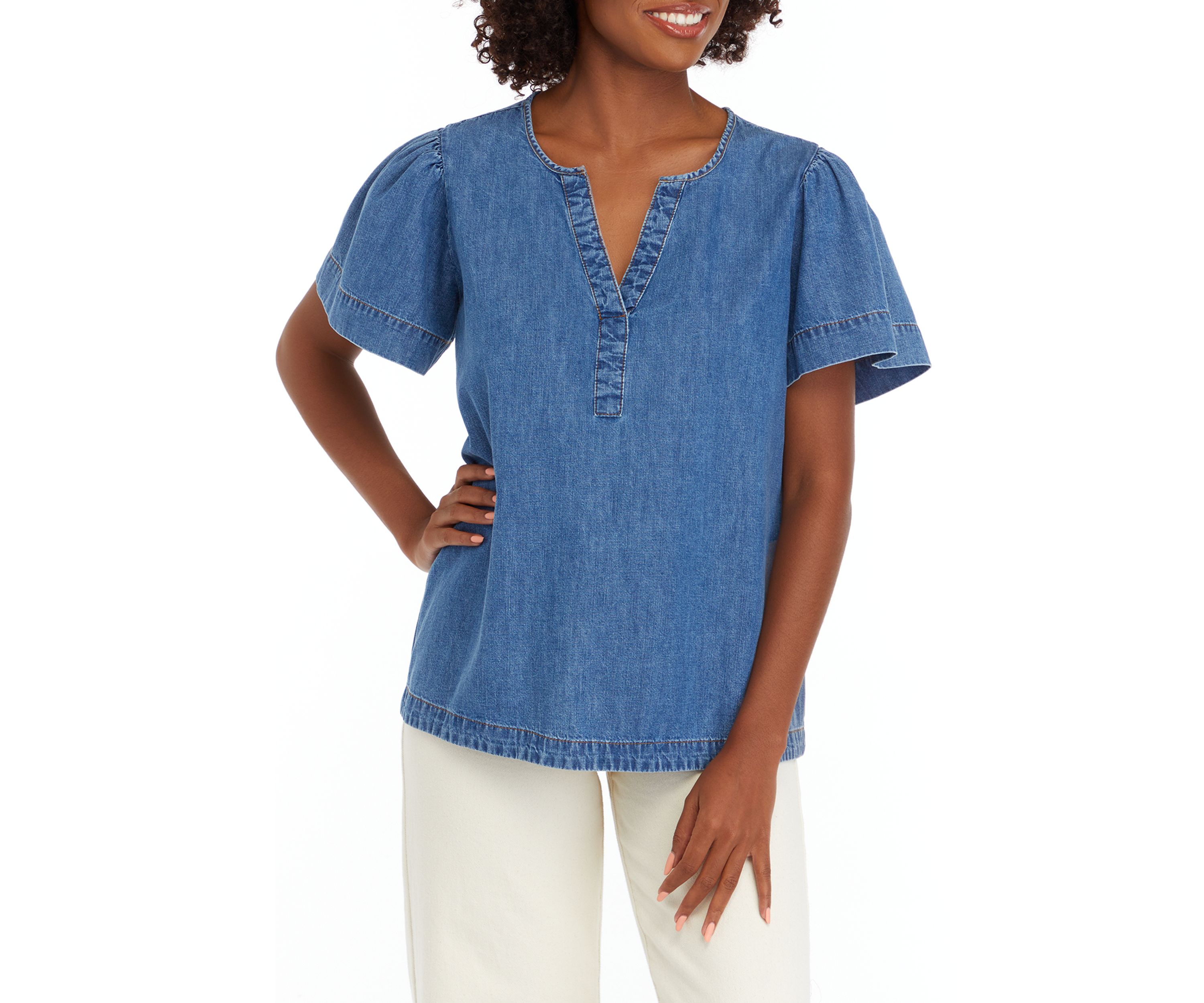 Petite Flare Sleeve Denim Popover Top 
