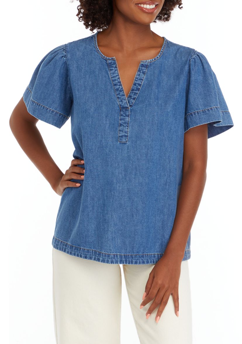 Petite Flare Sleeve Denim Popover Top 