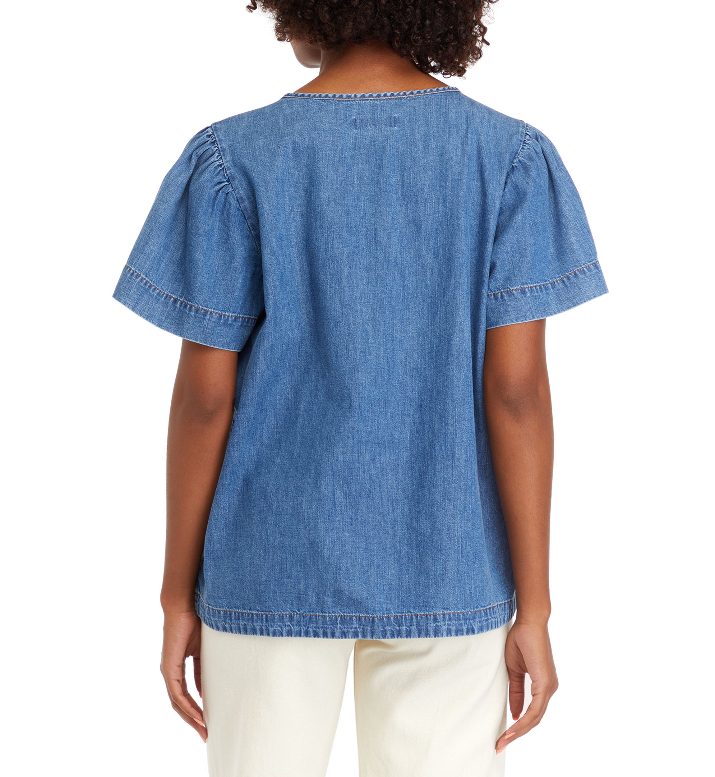 Petite Flare Sleeve Denim Popover Top 