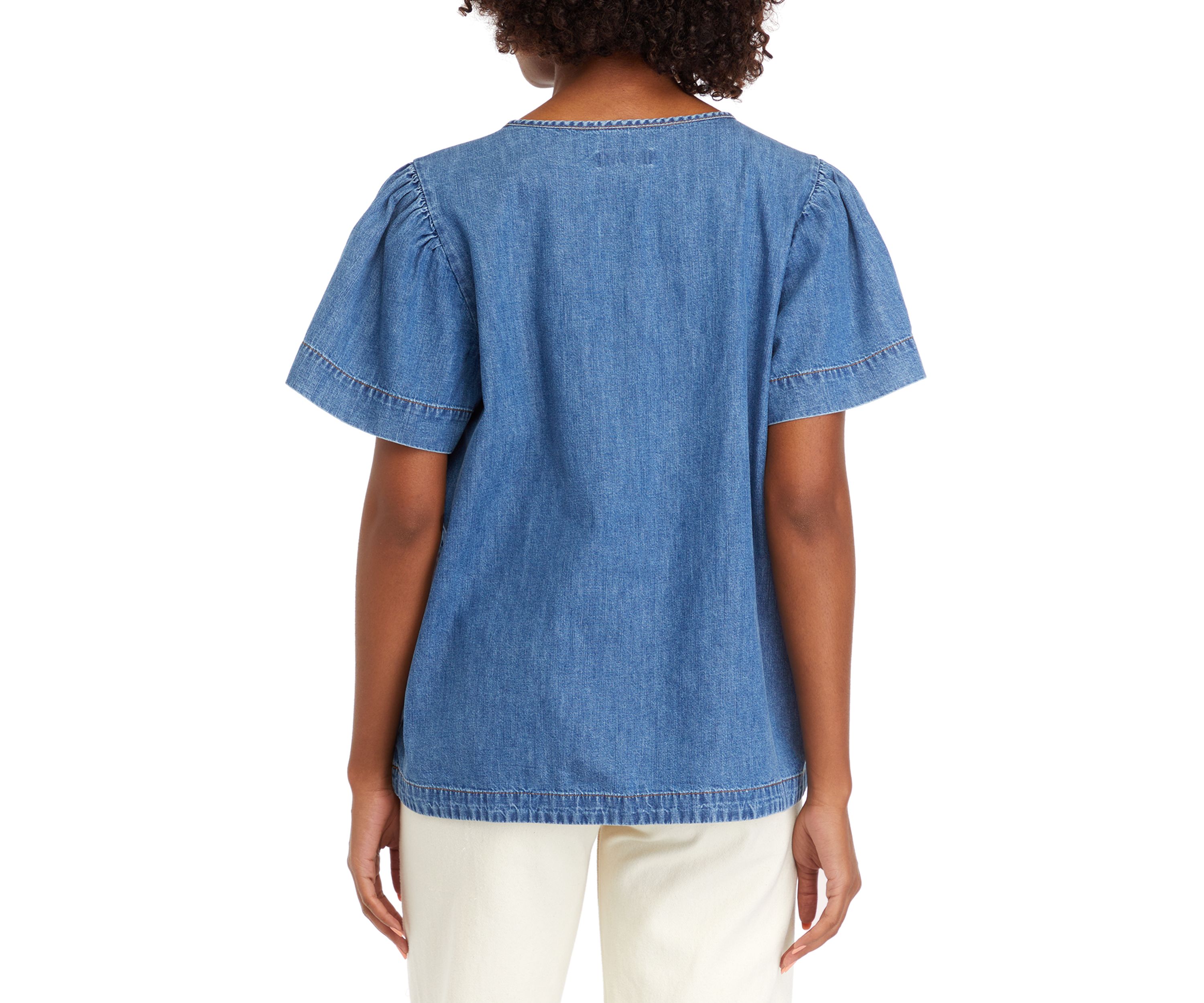 Petite Flare Sleeve Denim Popover Top 