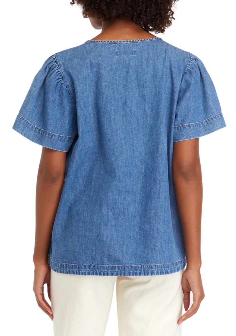 Petite Flare Sleeve Denim Popover Top 