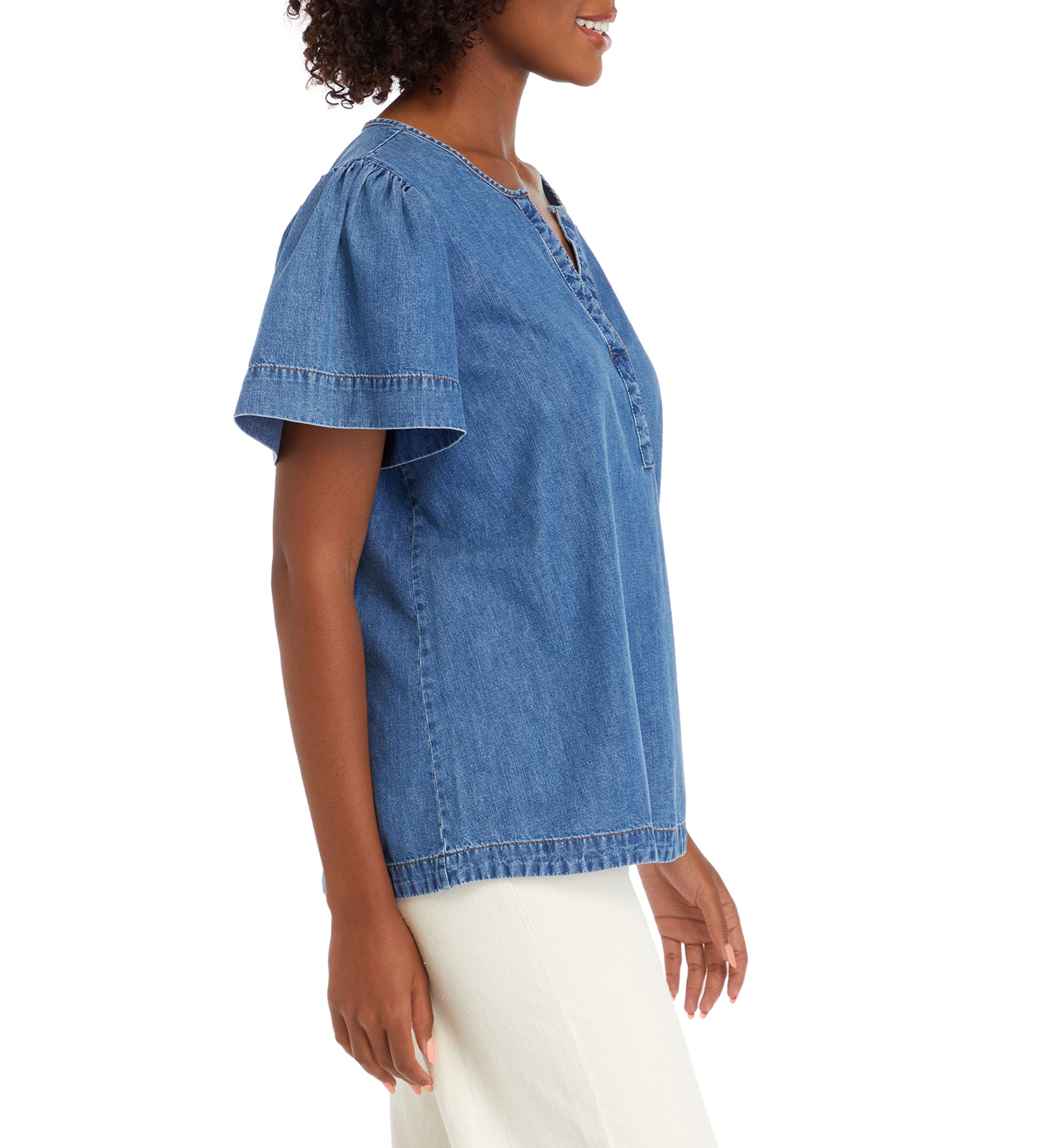Petite Flare Sleeve Denim Popover Top 