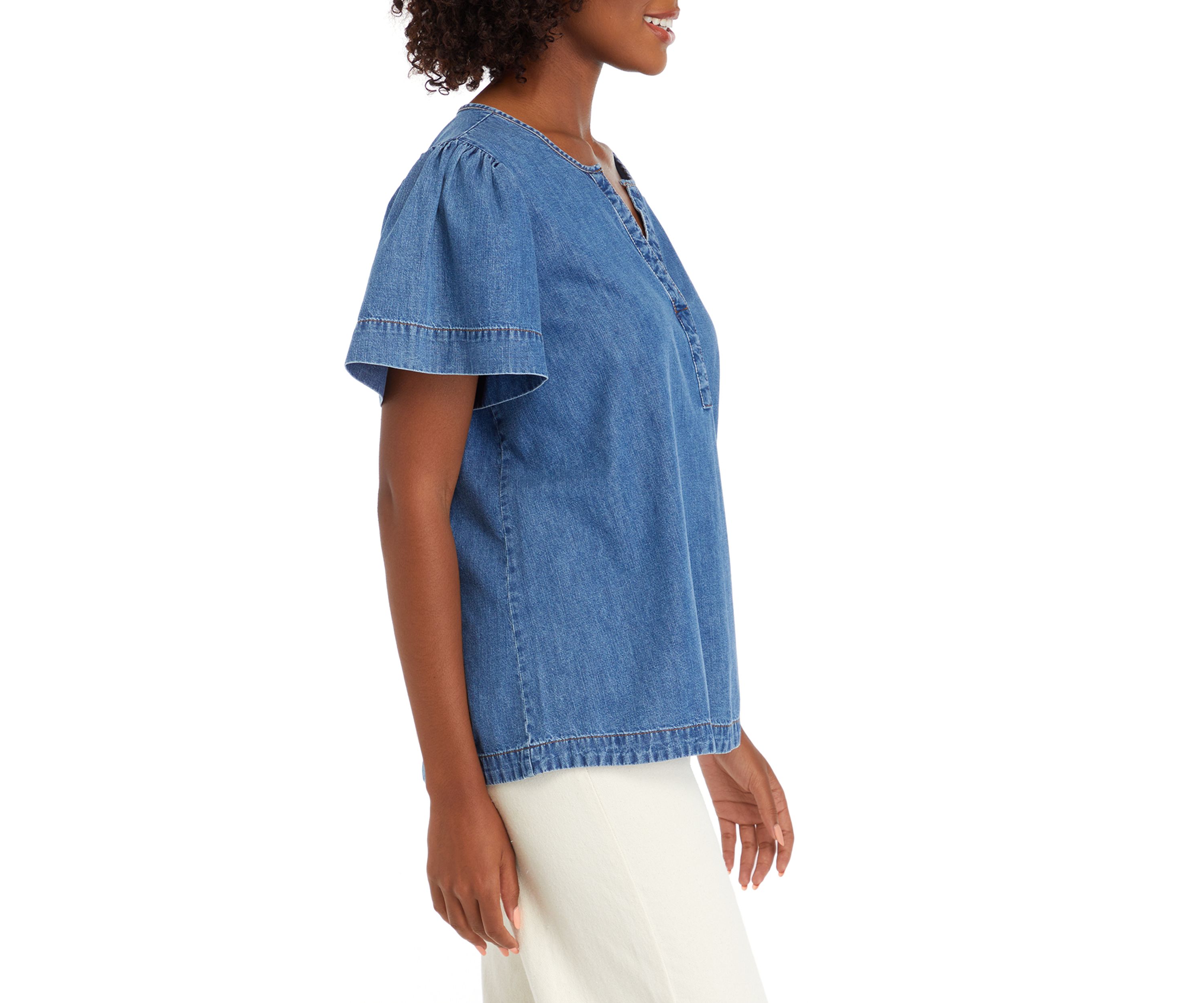 Petite Flare Sleeve Denim Popover Top 