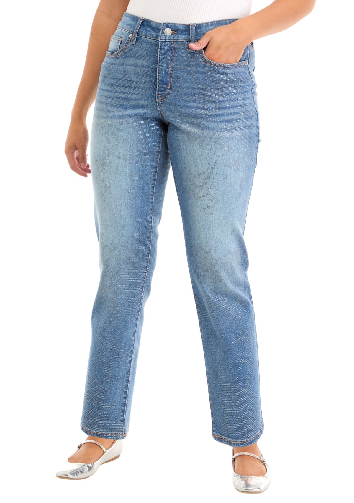 Womens Glitter Denim Straight Jeans
