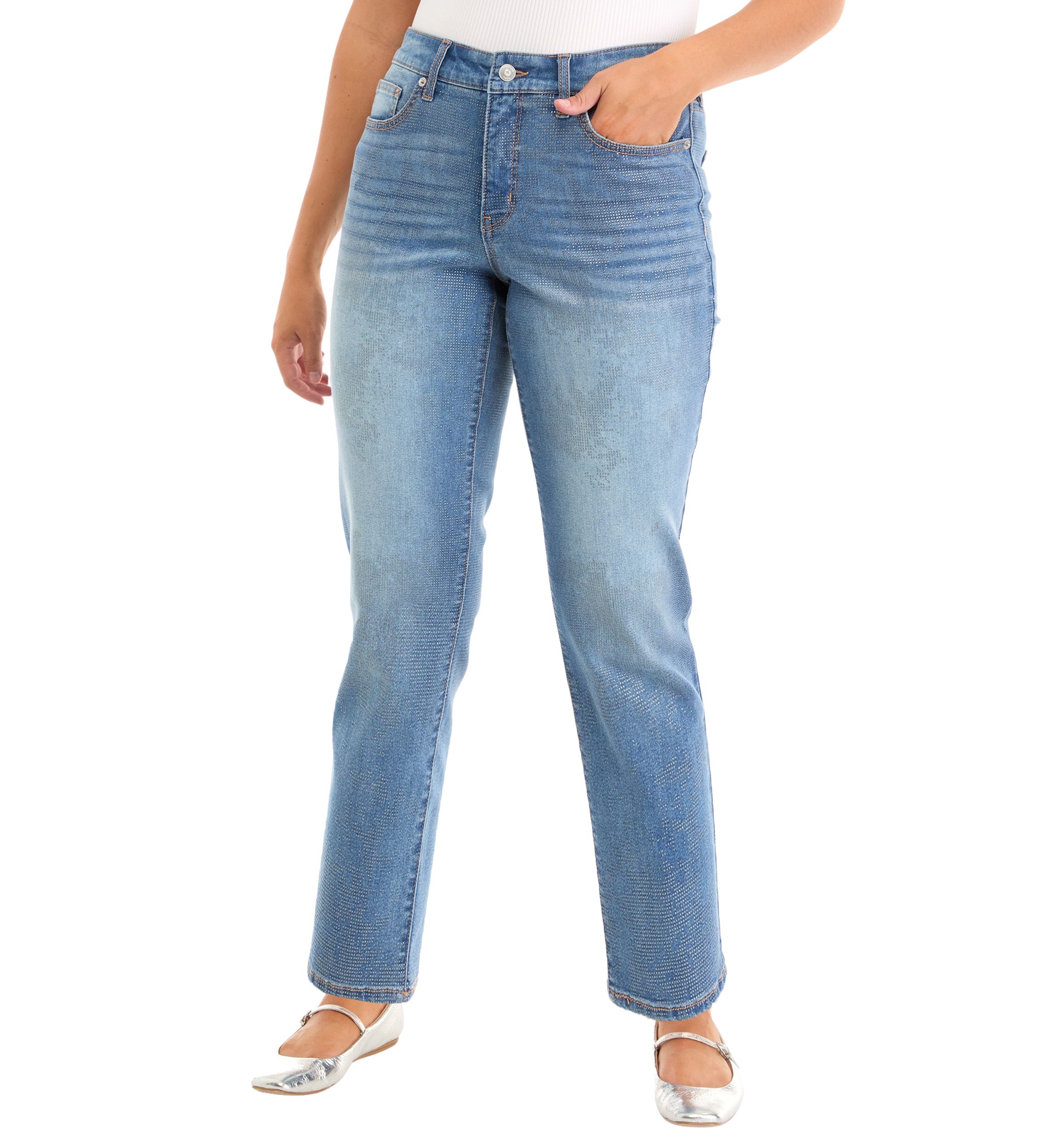 Womens Glitter Denim Straight Jeans