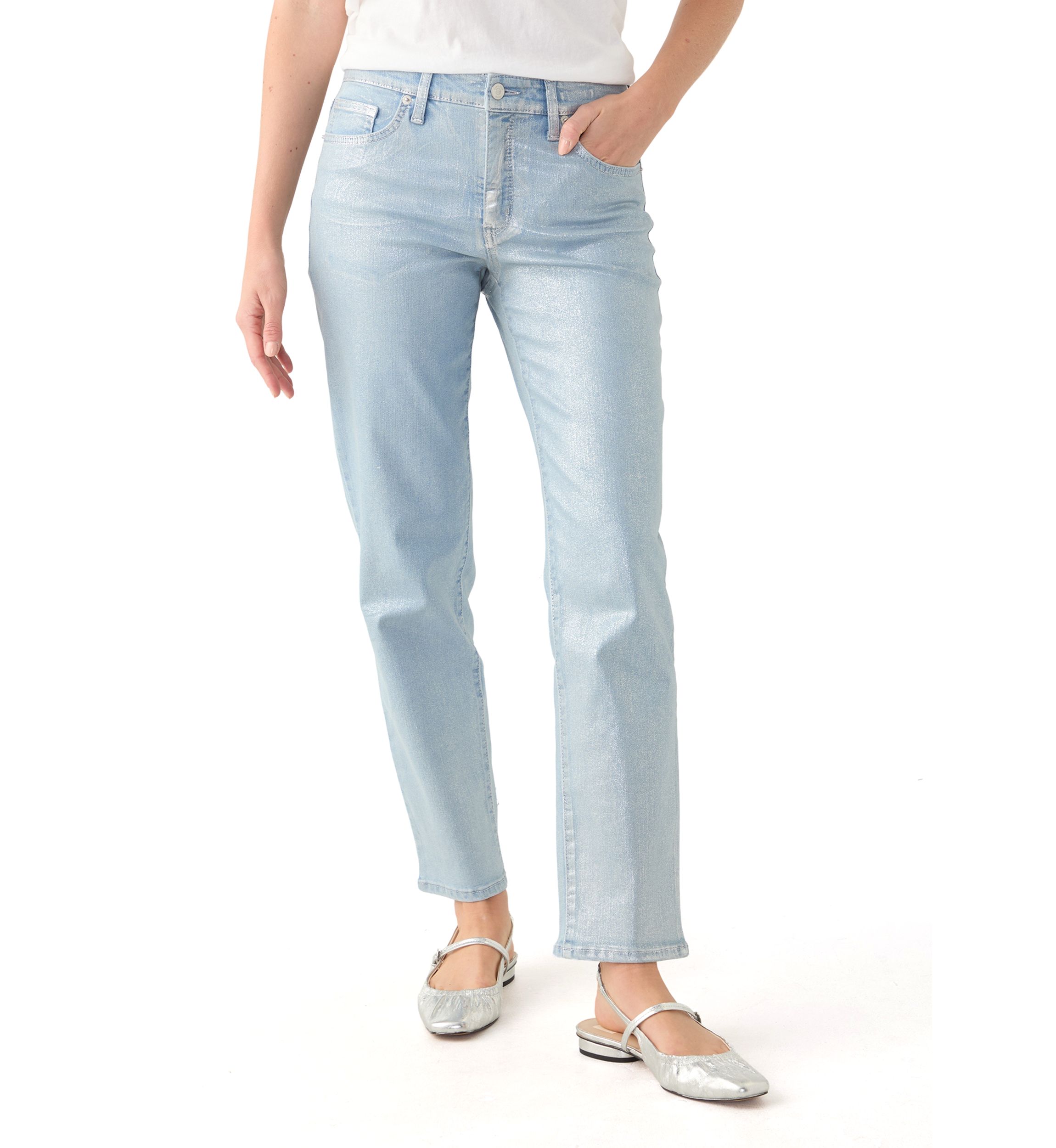 Womens Silver Foil Straight Jeans