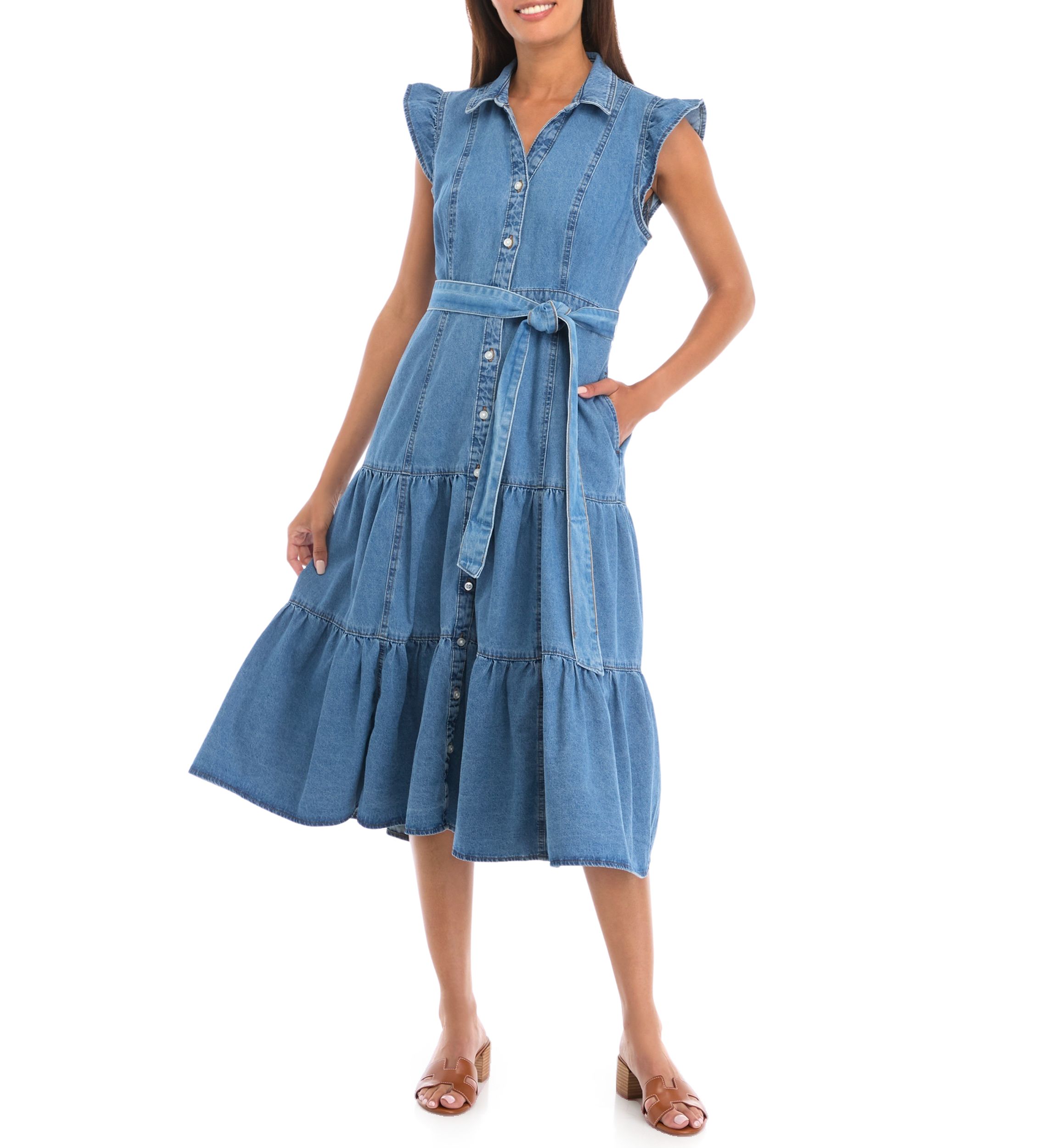 Petite Flutter Sleeve Tiered Button Up Midi Dress