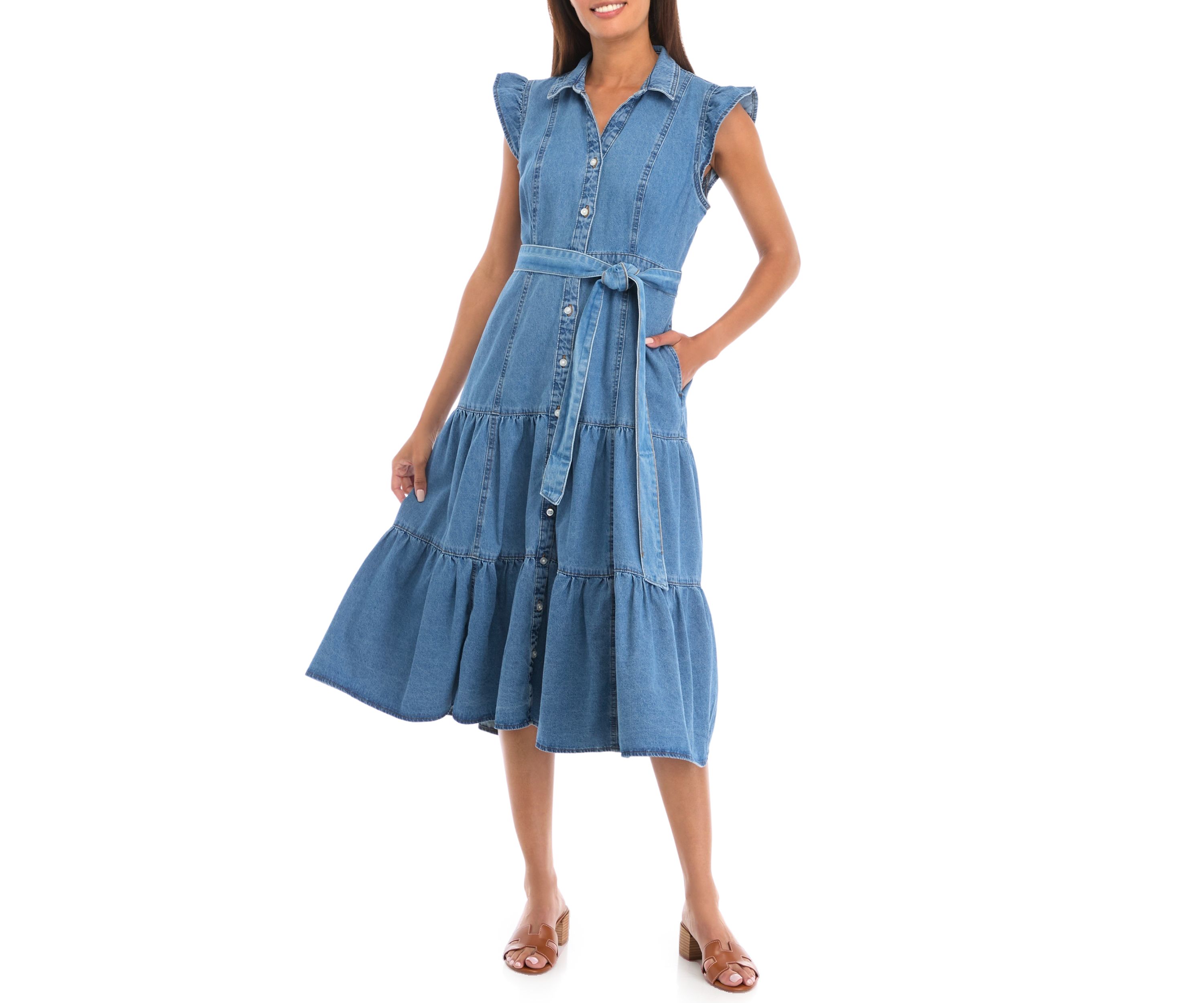 Petite Flutter Sleeve Tiered Button Up Midi Dress