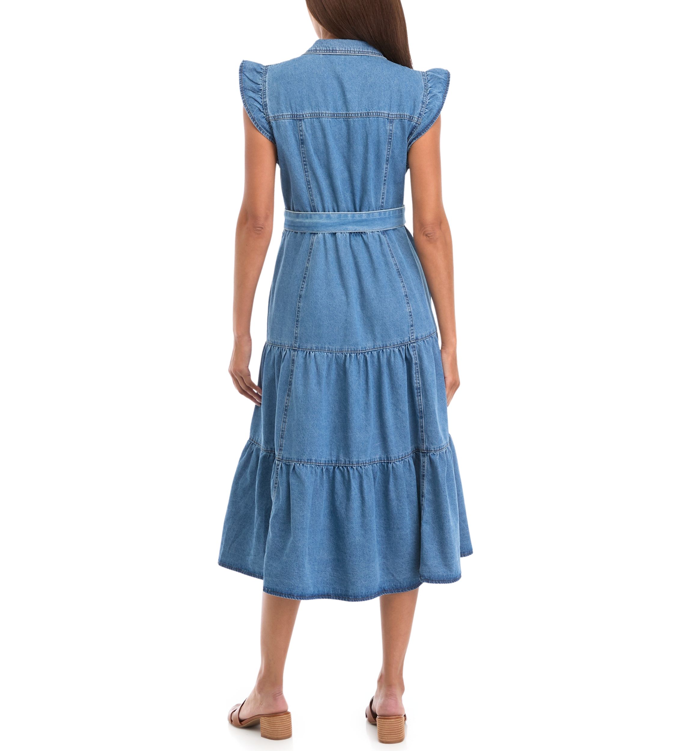 Petite Flutter Sleeve Tiered Button Up Midi Dress
