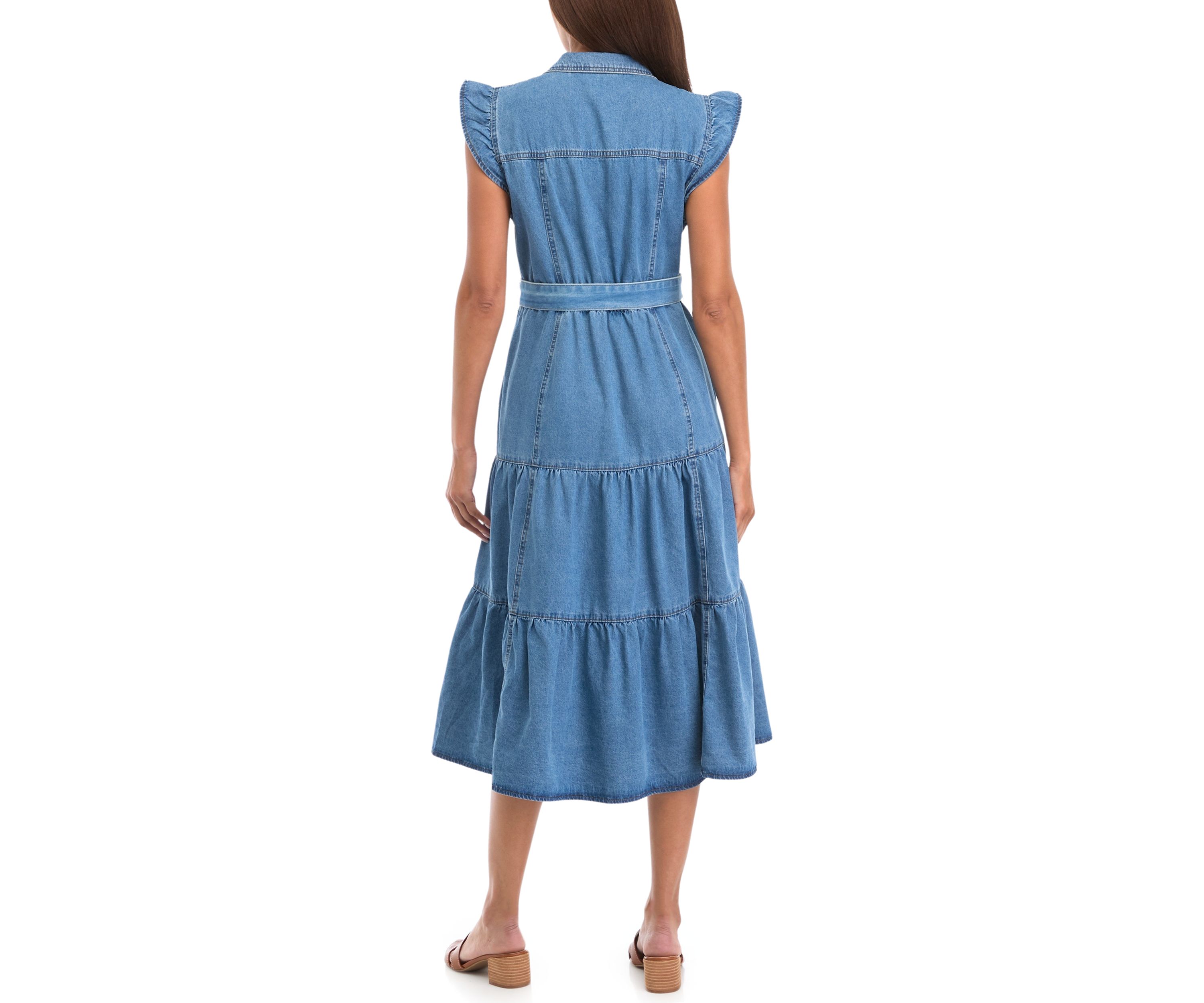 Petite Flutter Sleeve Tiered Button Up Midi Dress