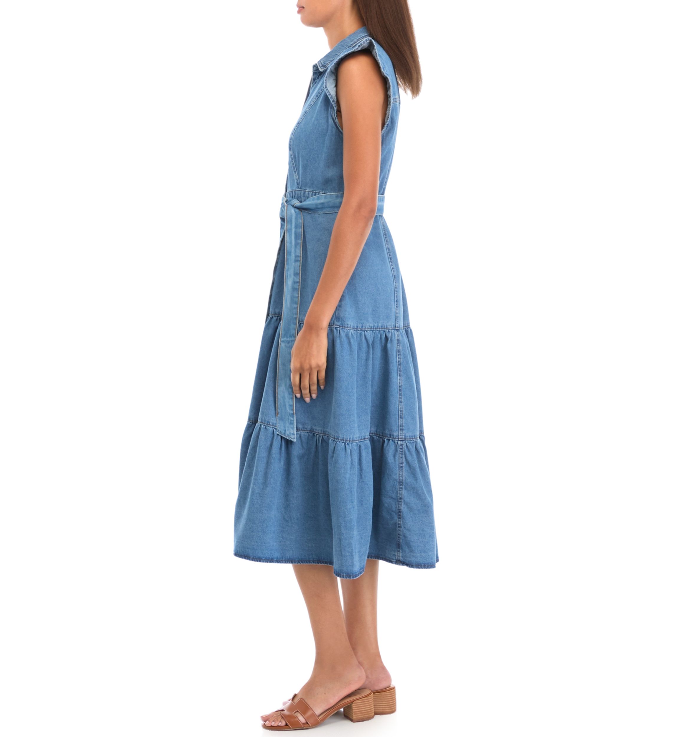 Petite Flutter Sleeve Tiered Button Up Midi Dress
