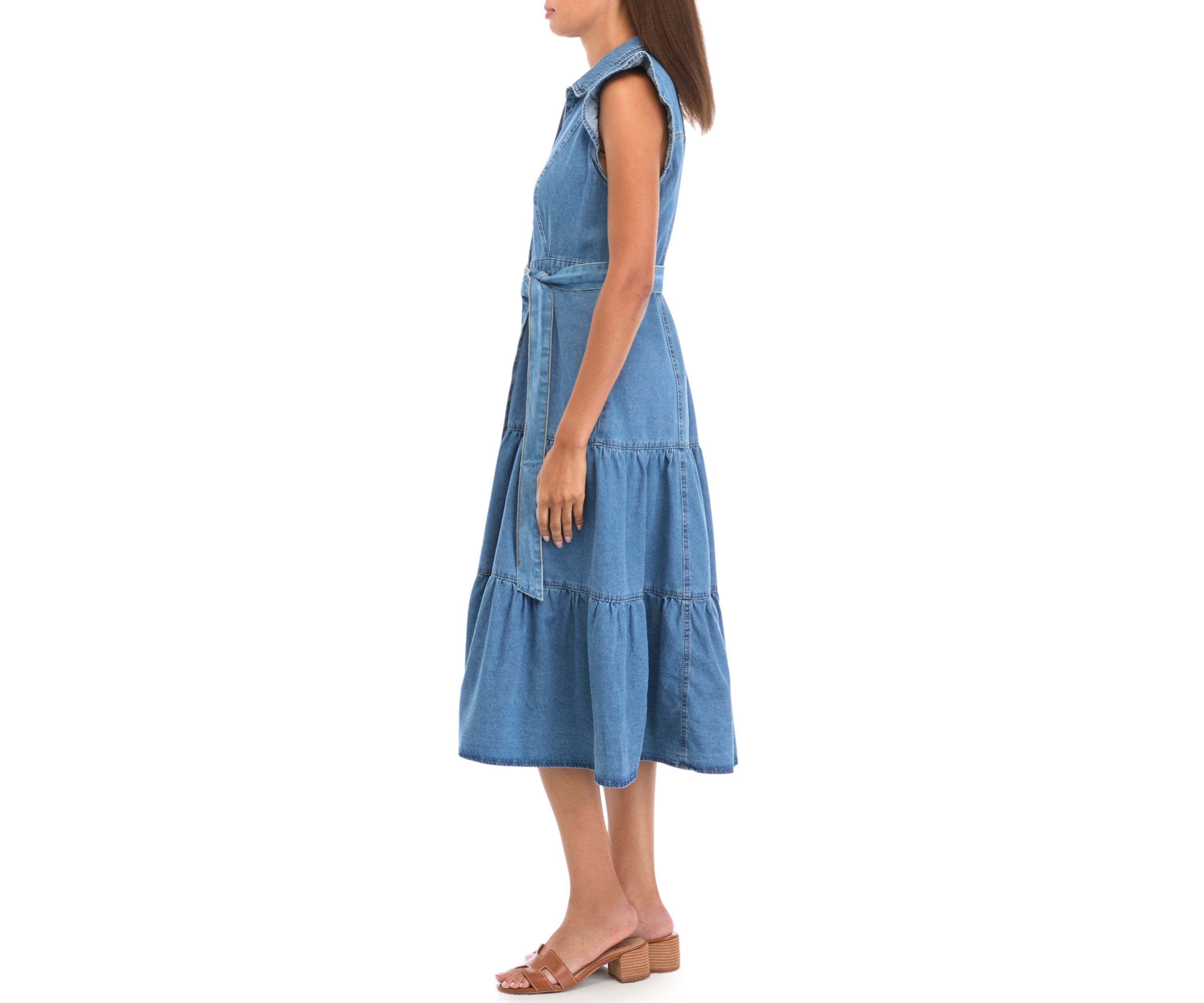 Petite Flutter Sleeve Tiered Button Up Midi Dress