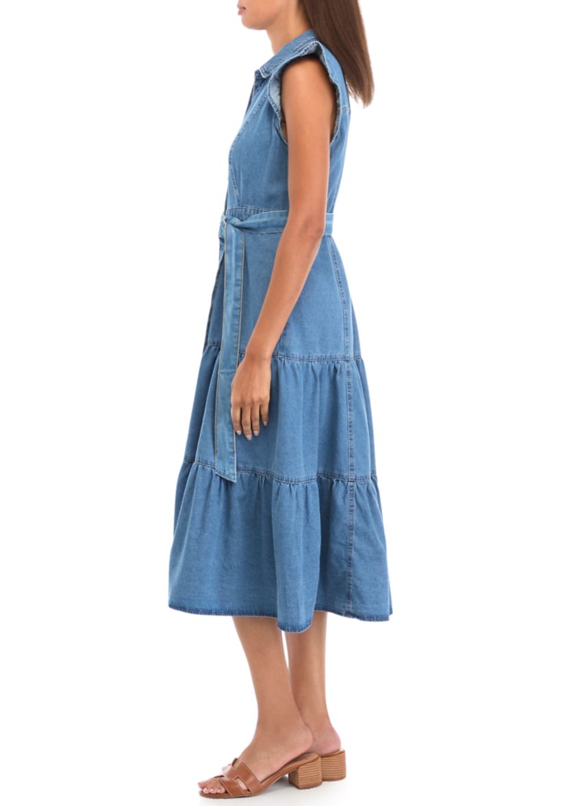 Petite Flutter Sleeve Tiered Button Up Midi Dress