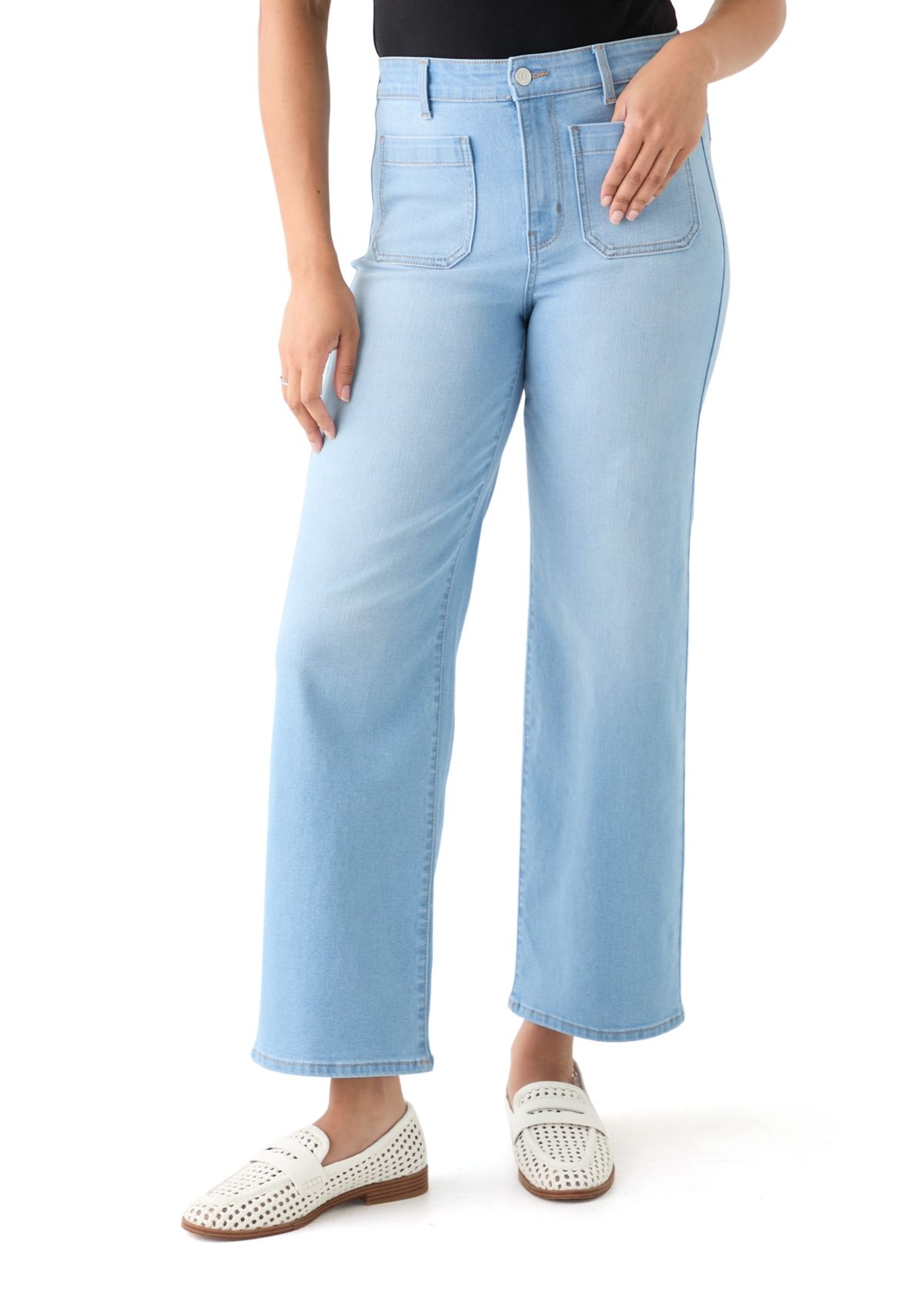 Womens High Rise Patch Pocket Wide Leg Cuffed Pants