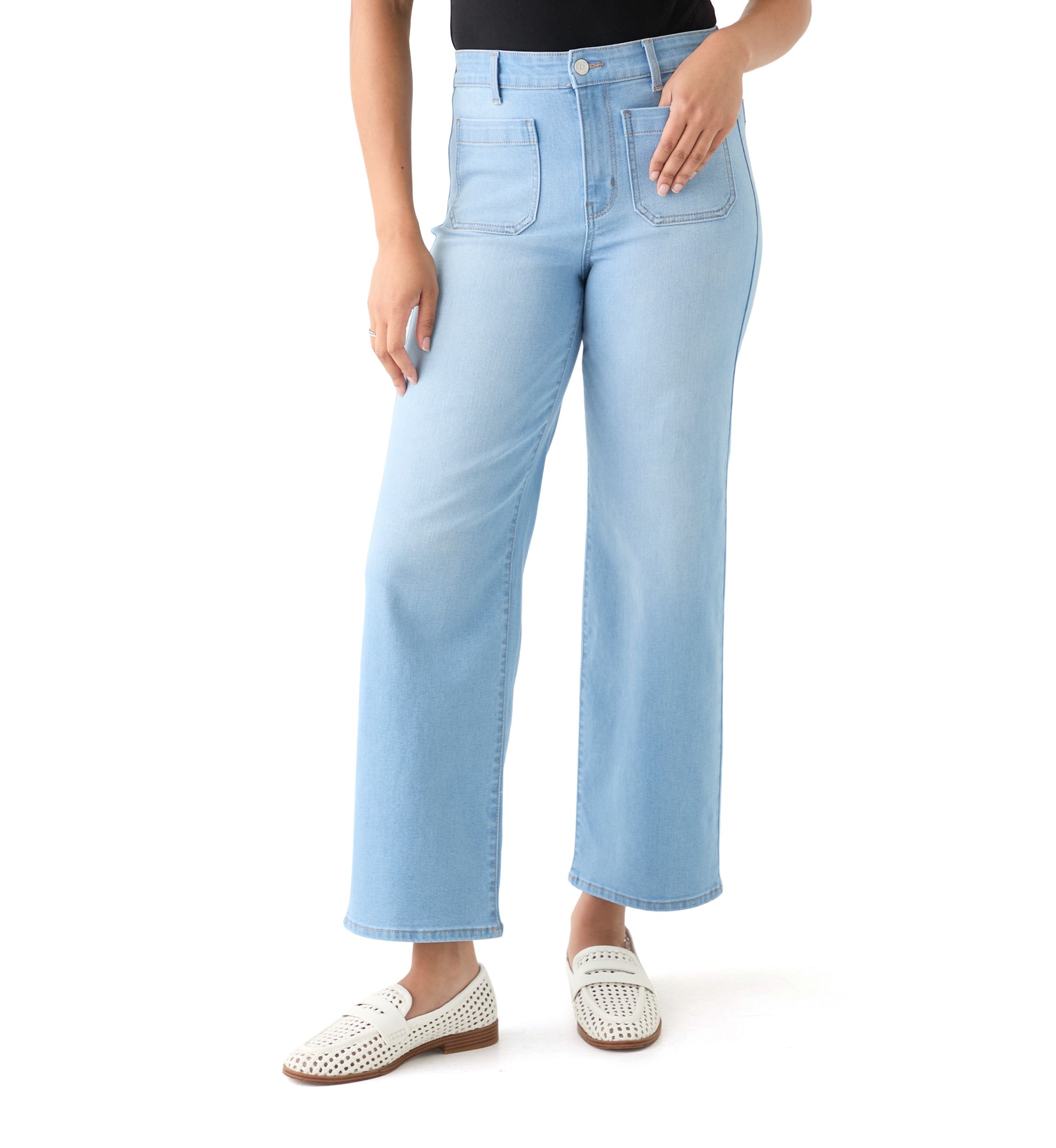 Womens High Rise Patch Pocket Wide Leg Cuffed Pants