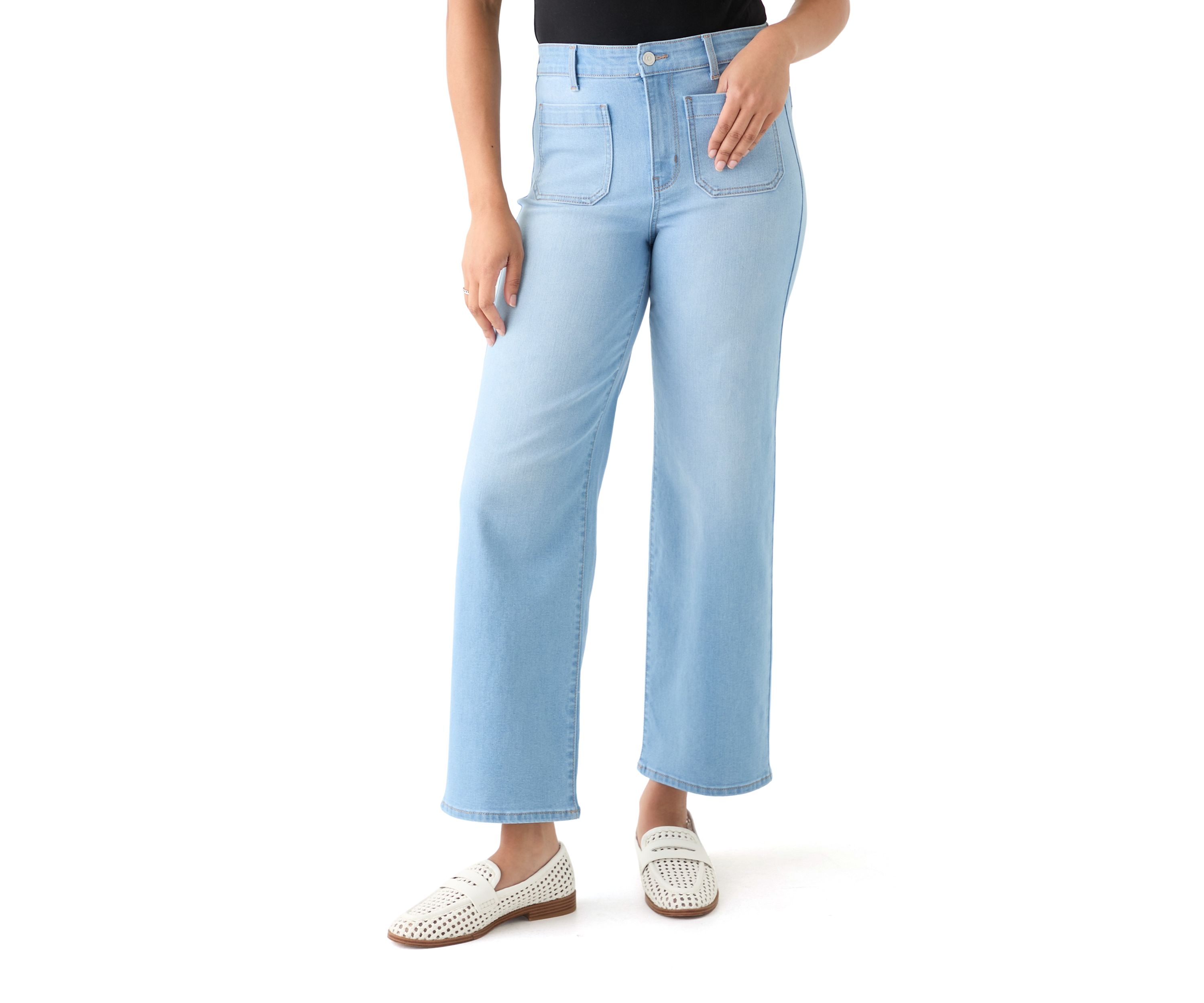 Womens High Rise Patch Pocket Wide Leg Cuffed Pants