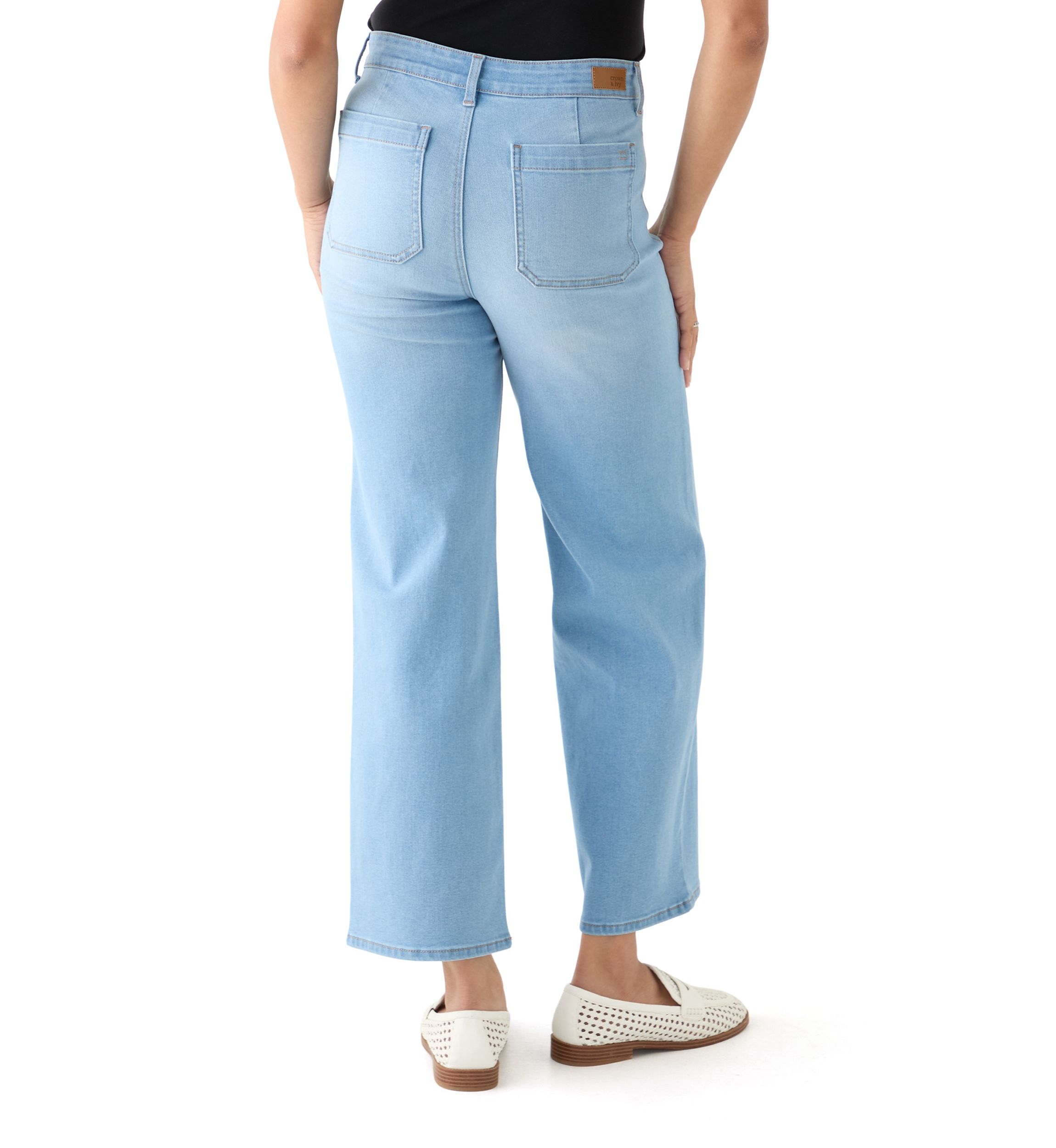 Womens High Rise Patch Pocket Wide Leg Cuffed Pants