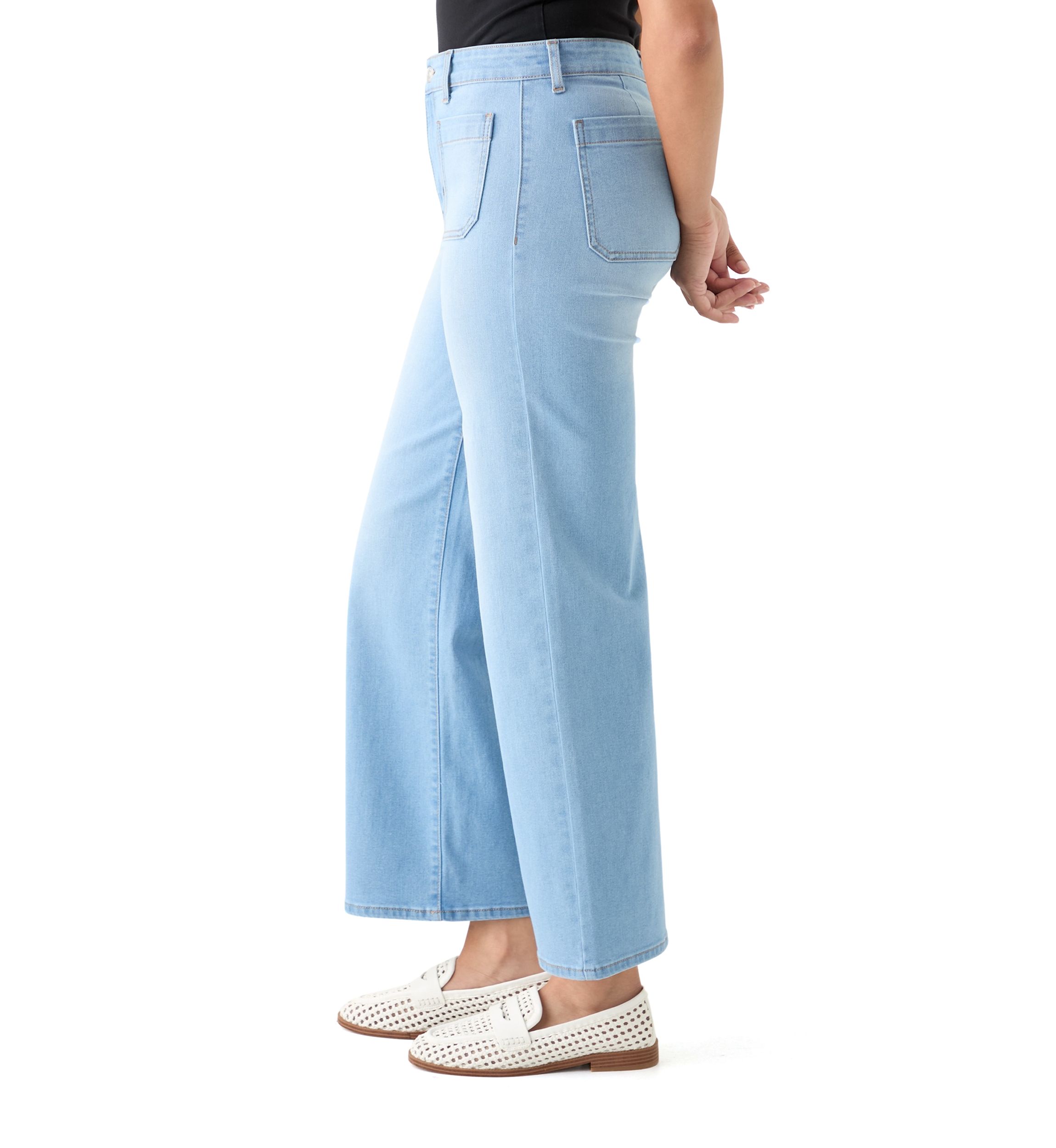 Womens High Rise Patch Pocket Wide Leg Cuffed Pants