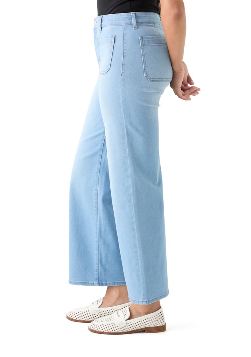 Womens High Rise Patch Pocket Wide Leg Cuffed Pants