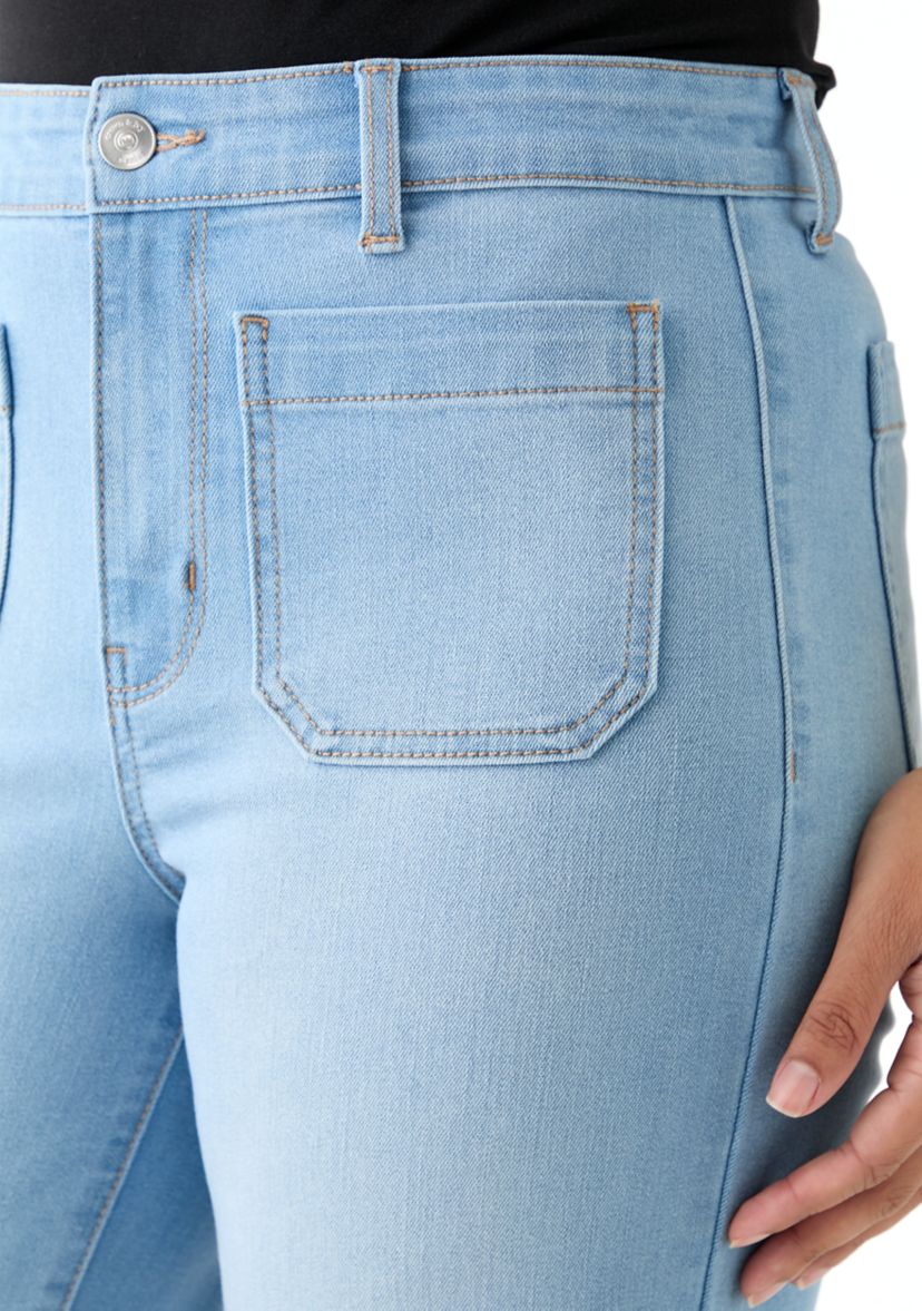 Womens High Rise Patch Pocket Wide Leg Cuffed Pants