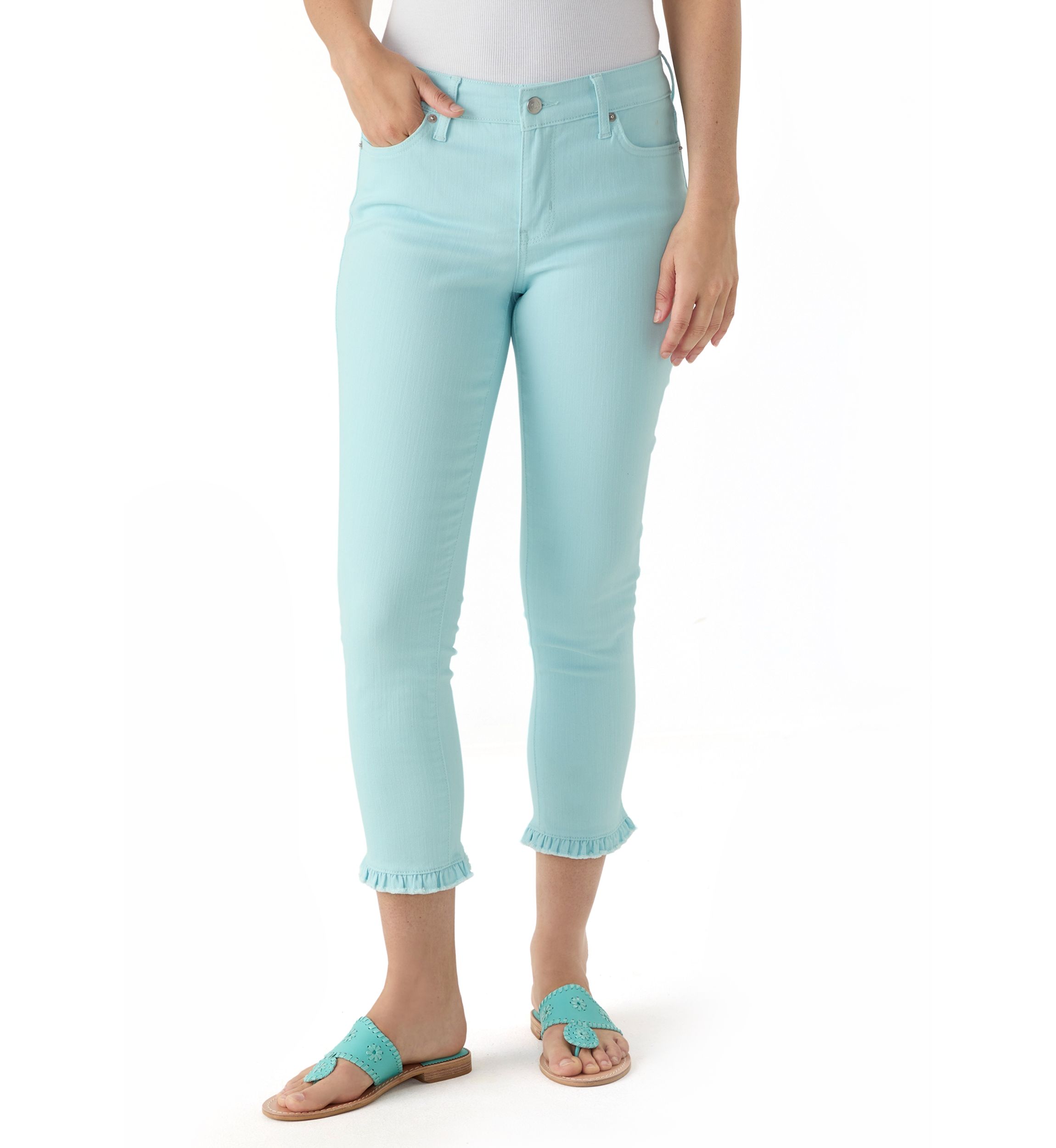 Womens Ruffle Back Cropped Colored Jeans