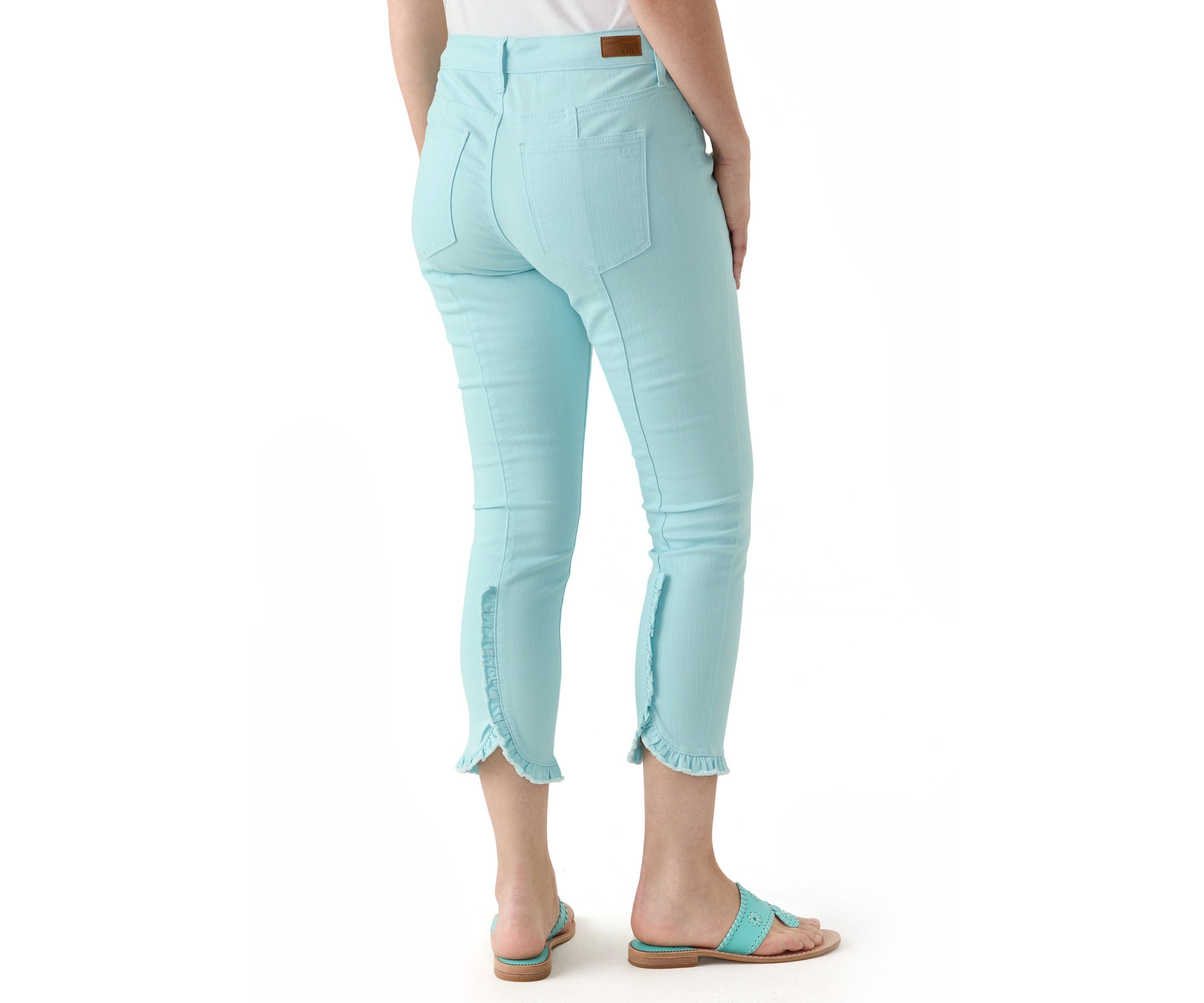 Womens Ruffle Back Cropped Colored Jeans