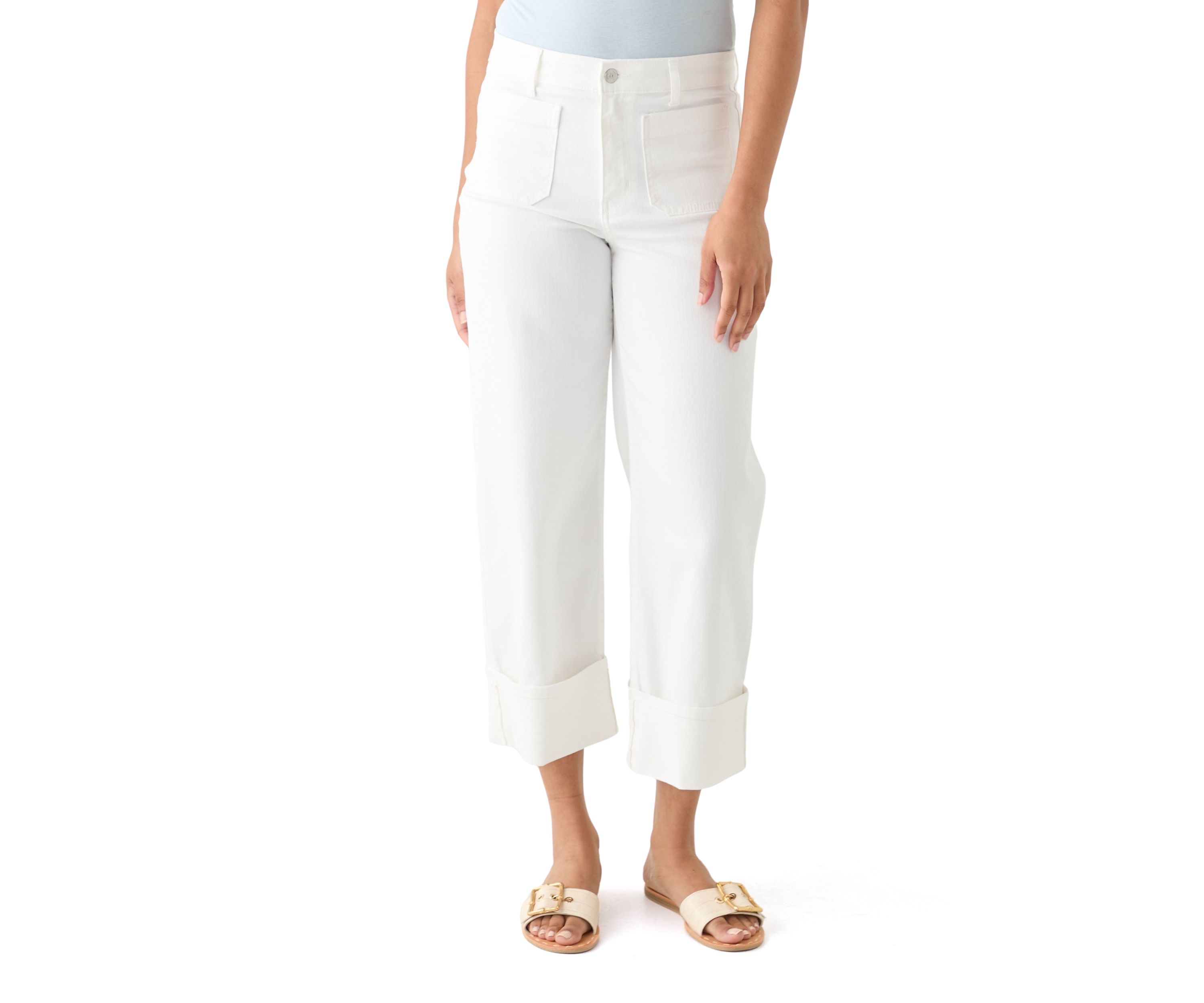Womens High Rise Patch Pocket Wide Leg Cuffed Pants