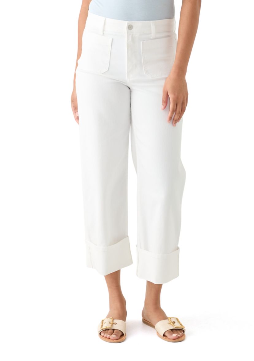Womens High Rise Patch Pocket Wide Leg Cuffed Pants