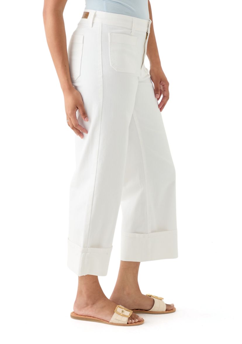 Womens High Rise Patch Pocket Wide Leg Cuffed Pants