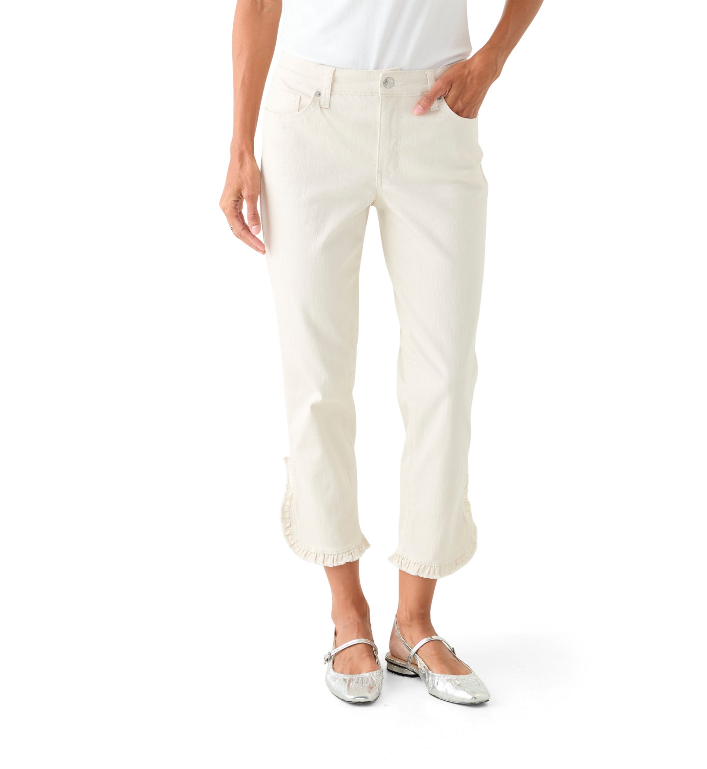 Womens Mid Rise Ruffle Hem Cropped Pants
