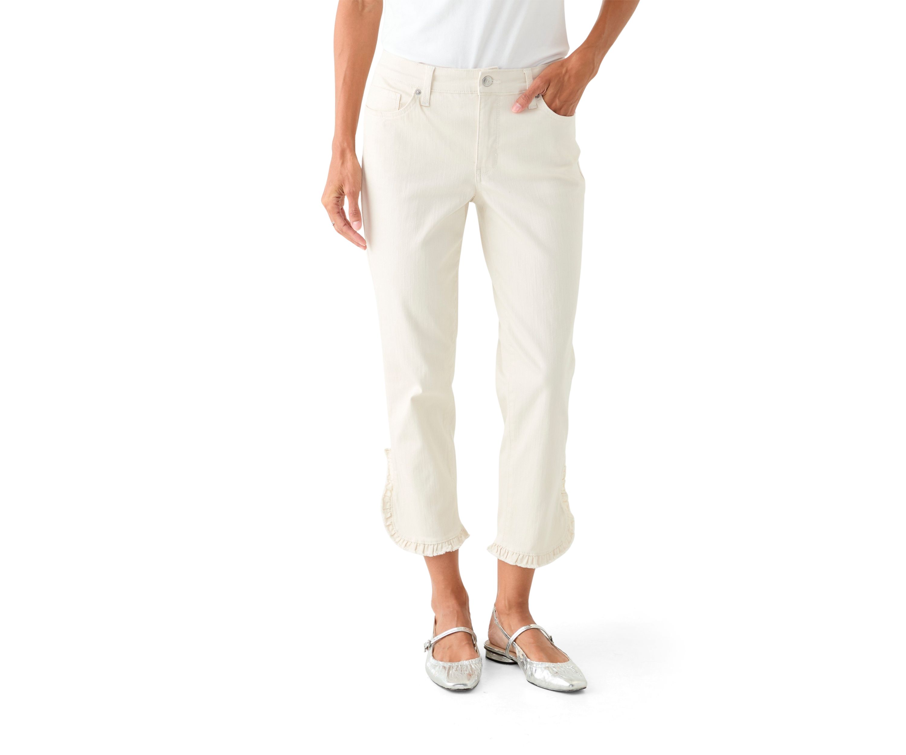 Womens Mid Rise Ruffle Hem Cropped Pants