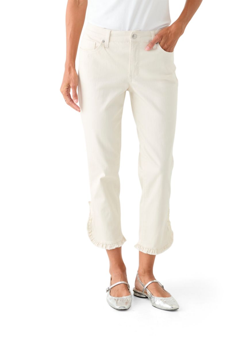 Womens Mid Rise Ruffle Hem Cropped Pants