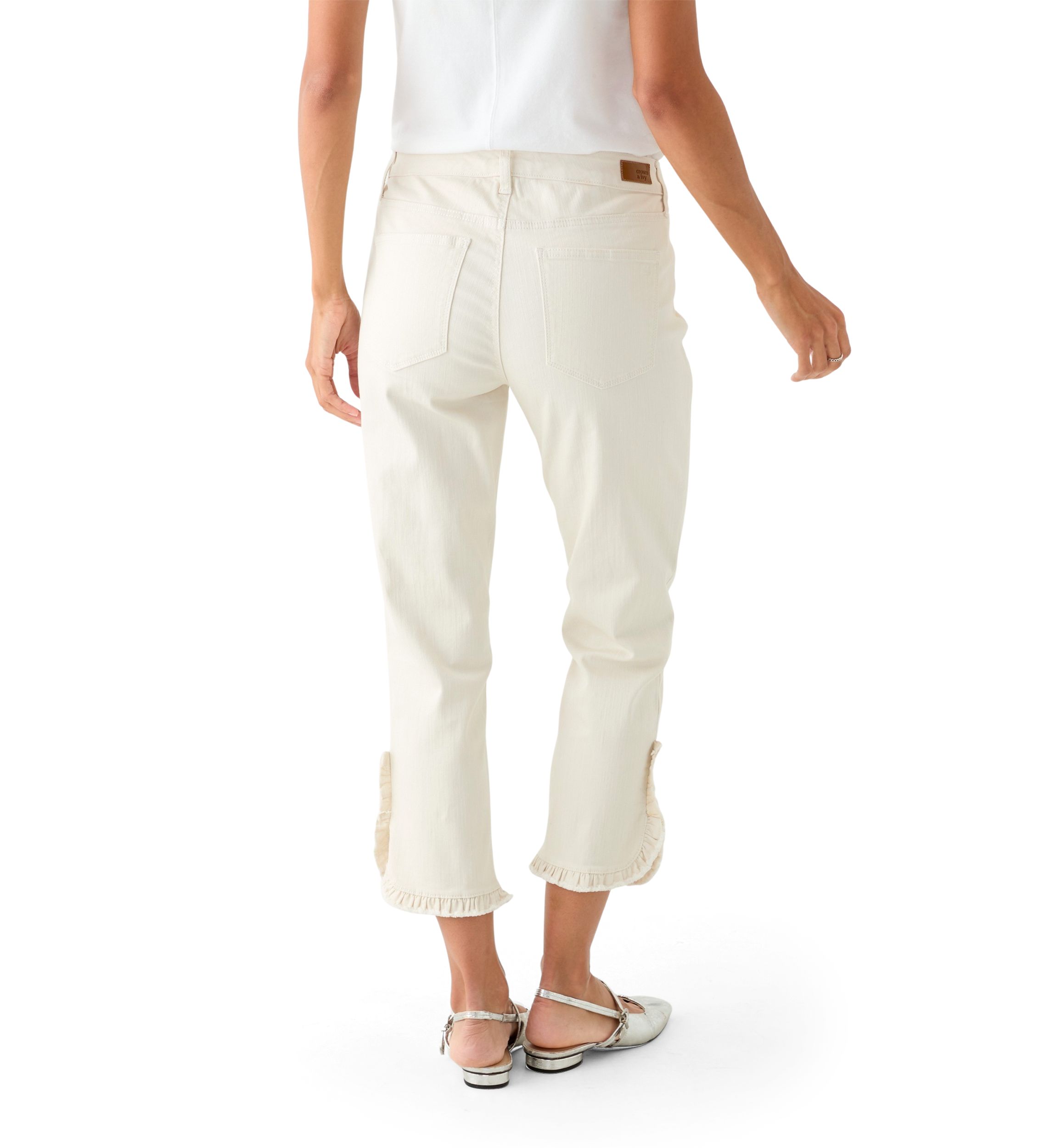 Womens Mid Rise Ruffle Hem Cropped Pants