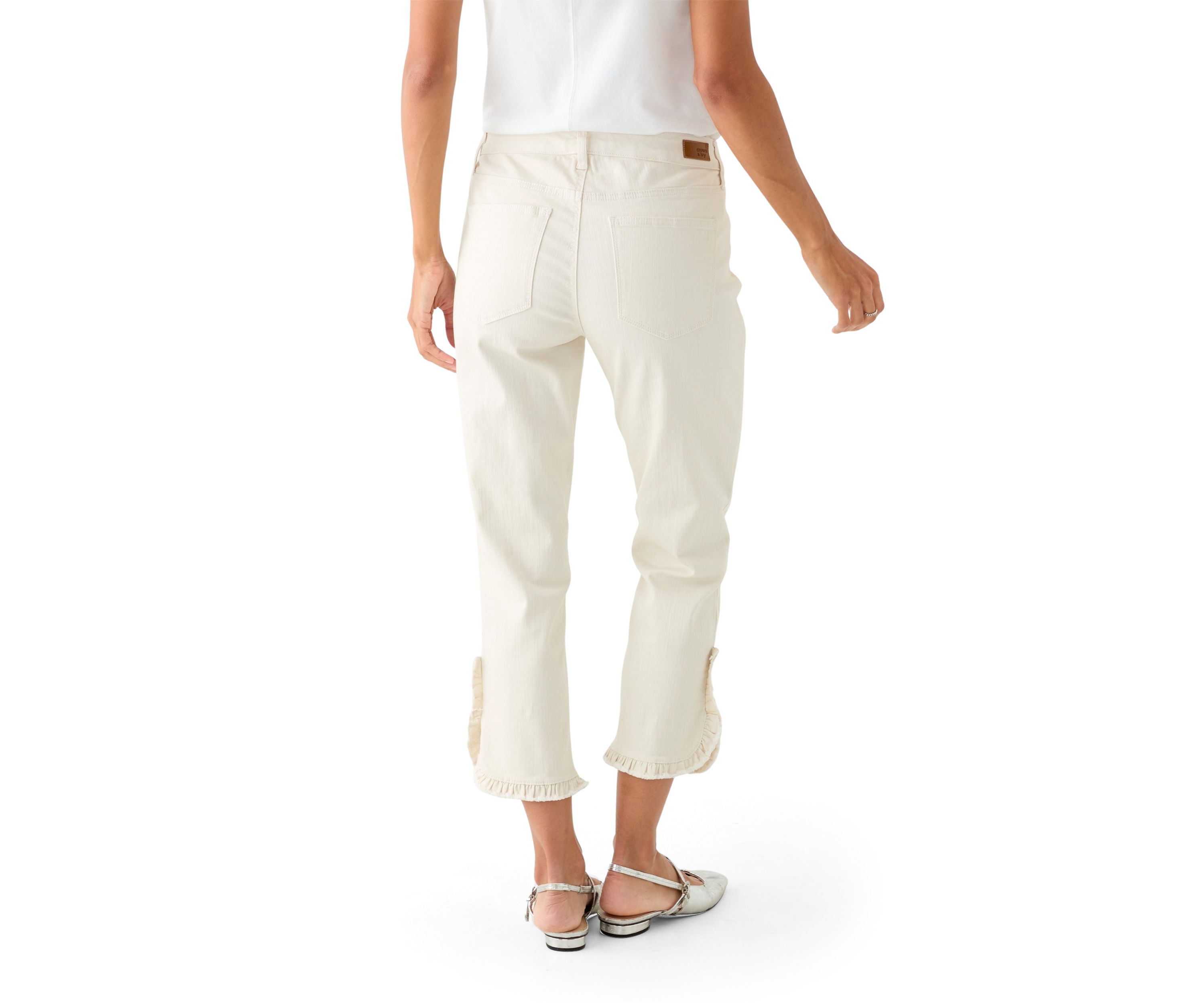 Womens Mid Rise Ruffle Hem Cropped Pants