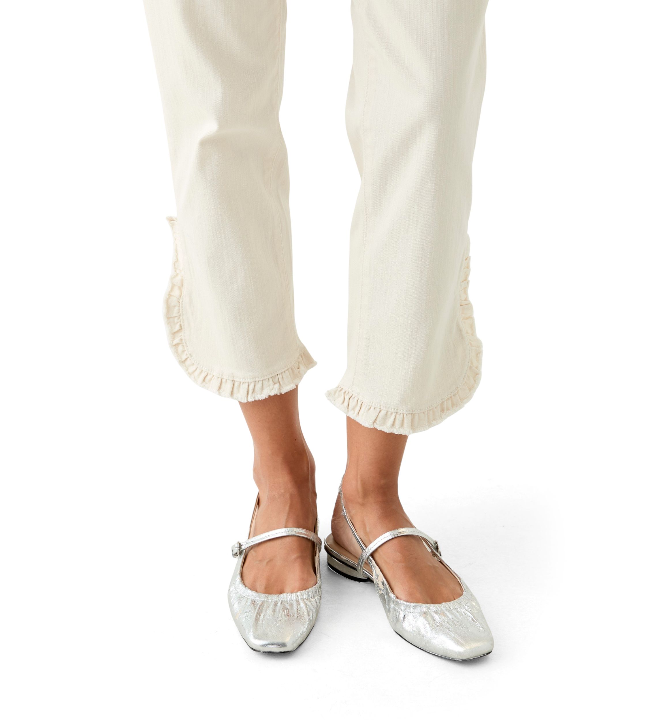 Womens Mid Rise Ruffle Hem Cropped Pants