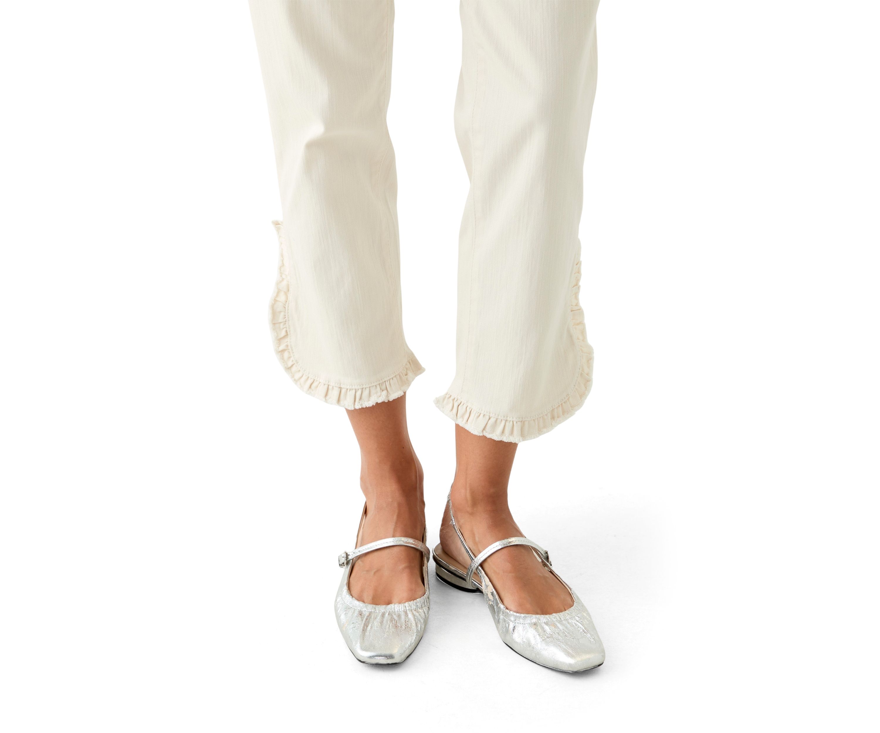 Womens Mid Rise Ruffle Hem Cropped Pants