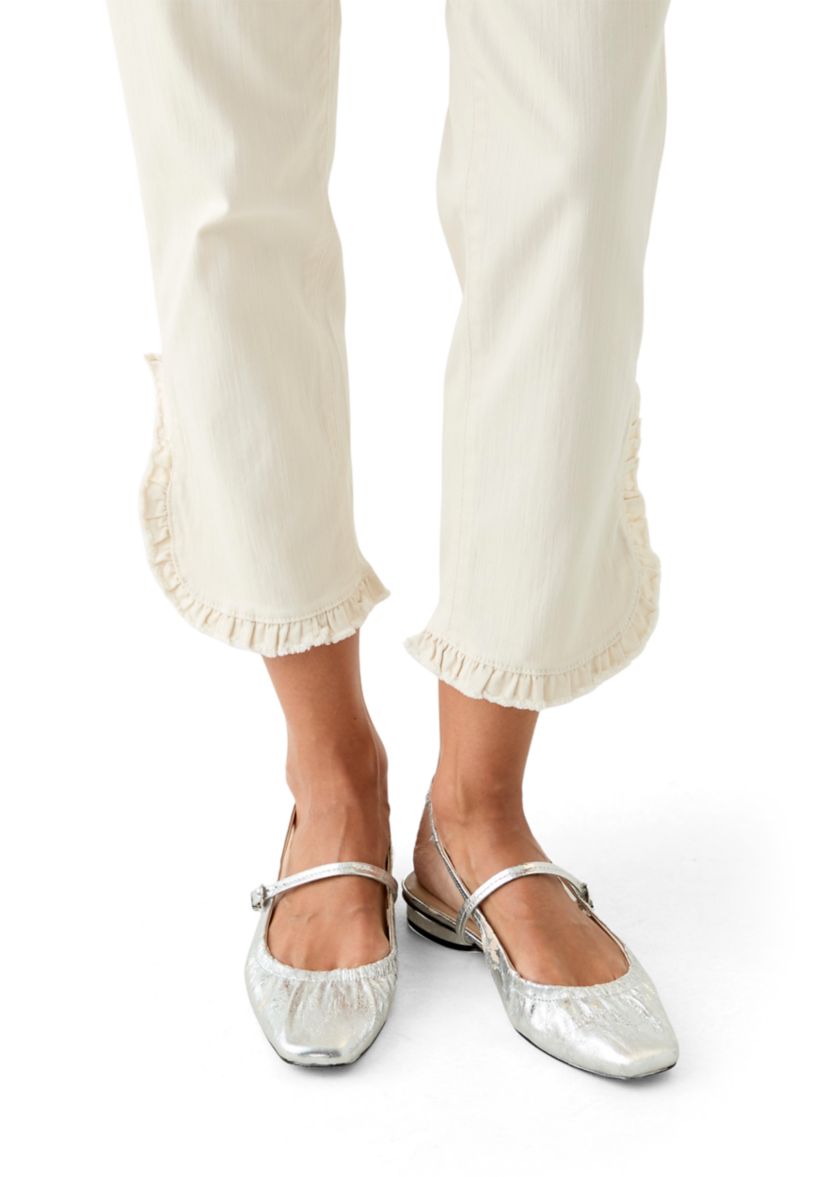 Womens Mid Rise Ruffle Hem Cropped Pants