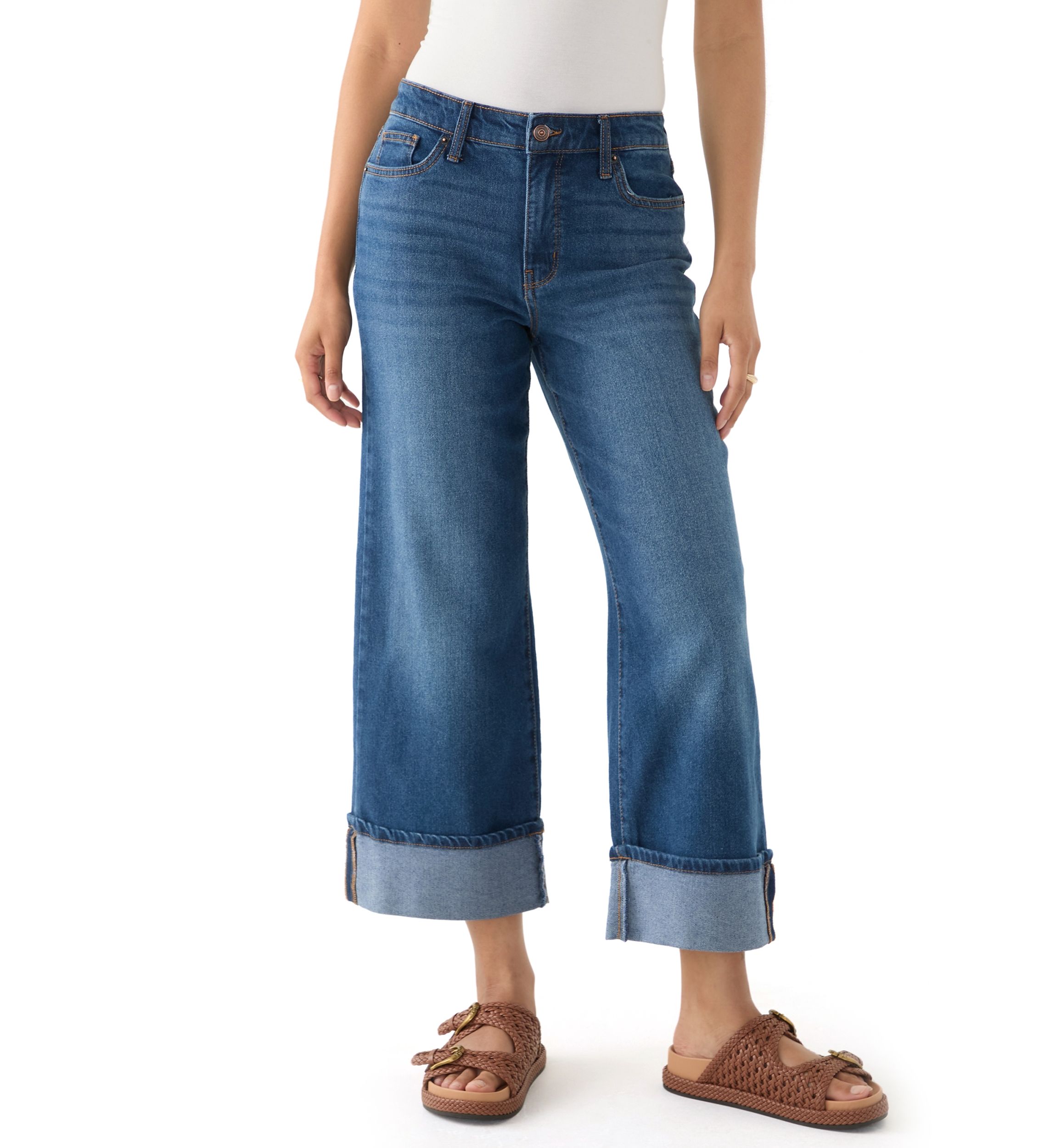 Womens Mid Rise Cuffed Cropped Flare Jeans