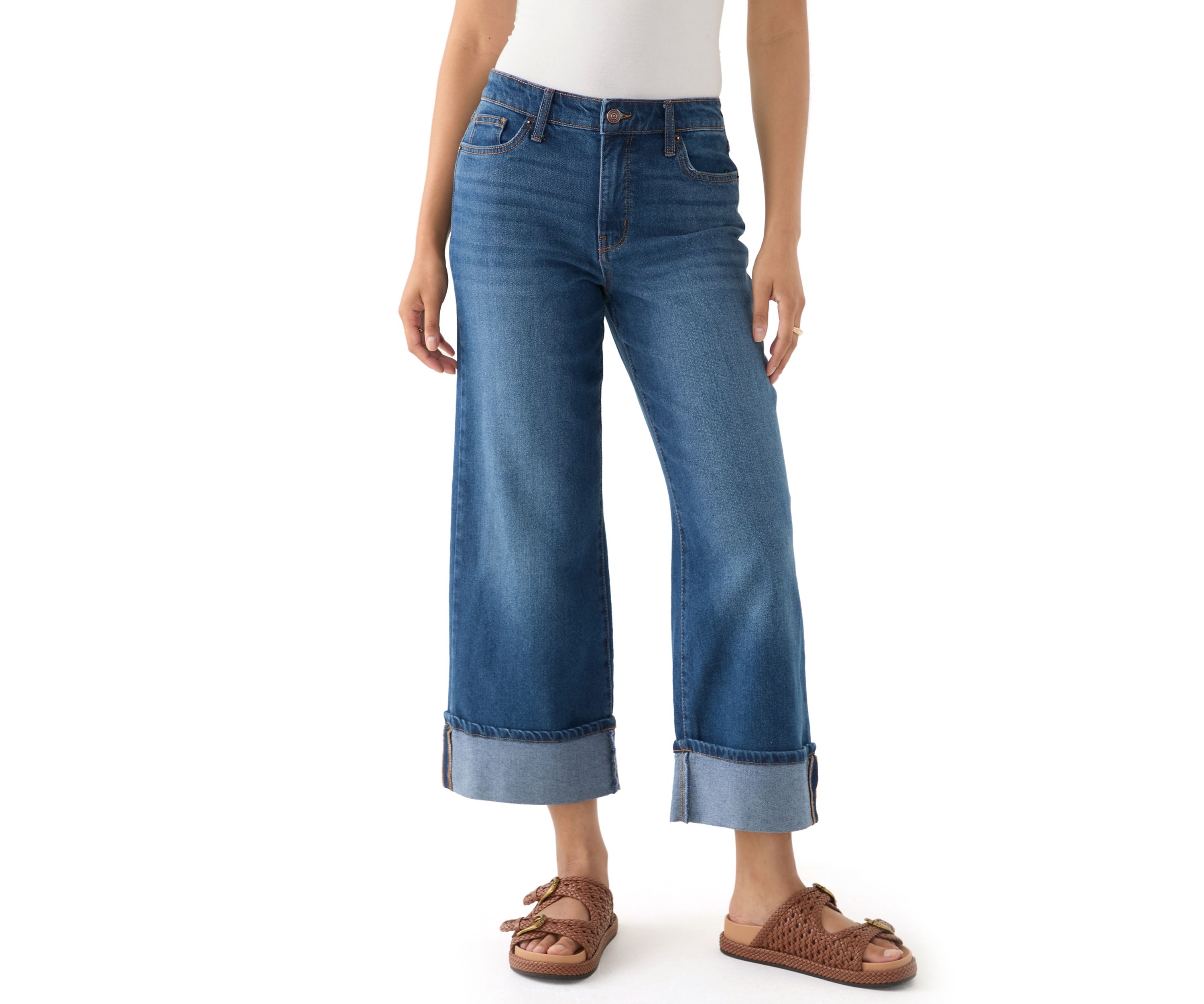 Womens Mid Rise Cuffed Cropped Flare Jeans