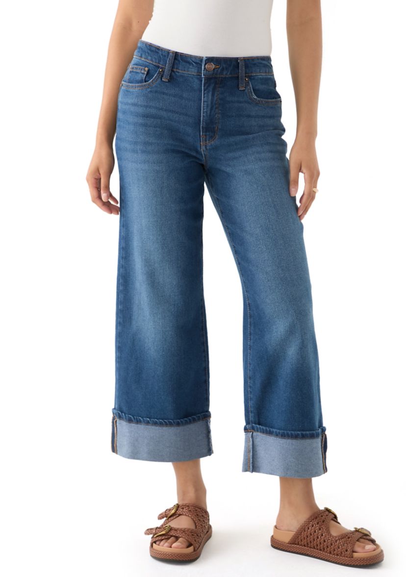 Womens Mid Rise Cuffed Cropped Flare Jeans