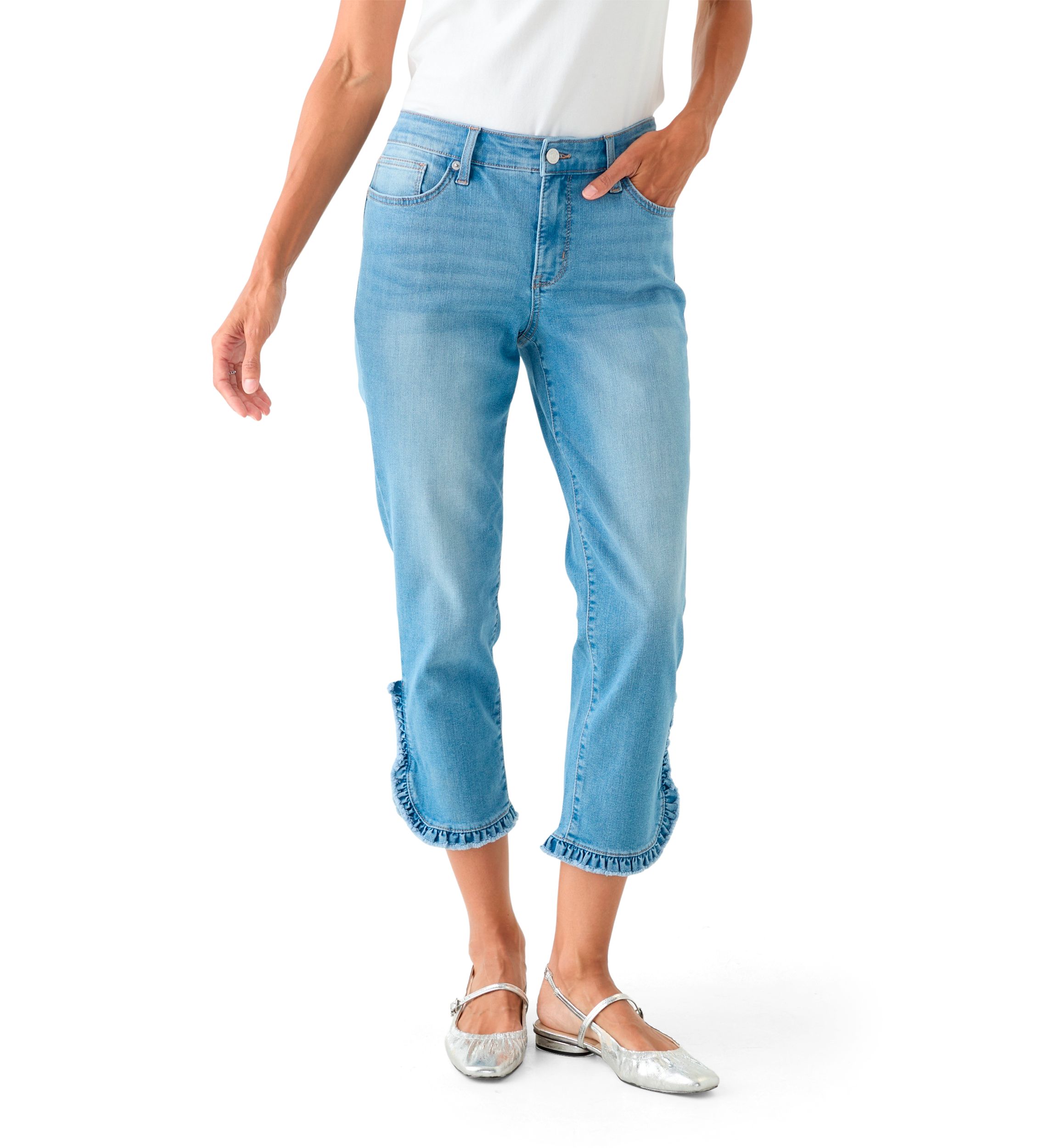 Womens Mid Rise Ruffle Hem Cropped Pants