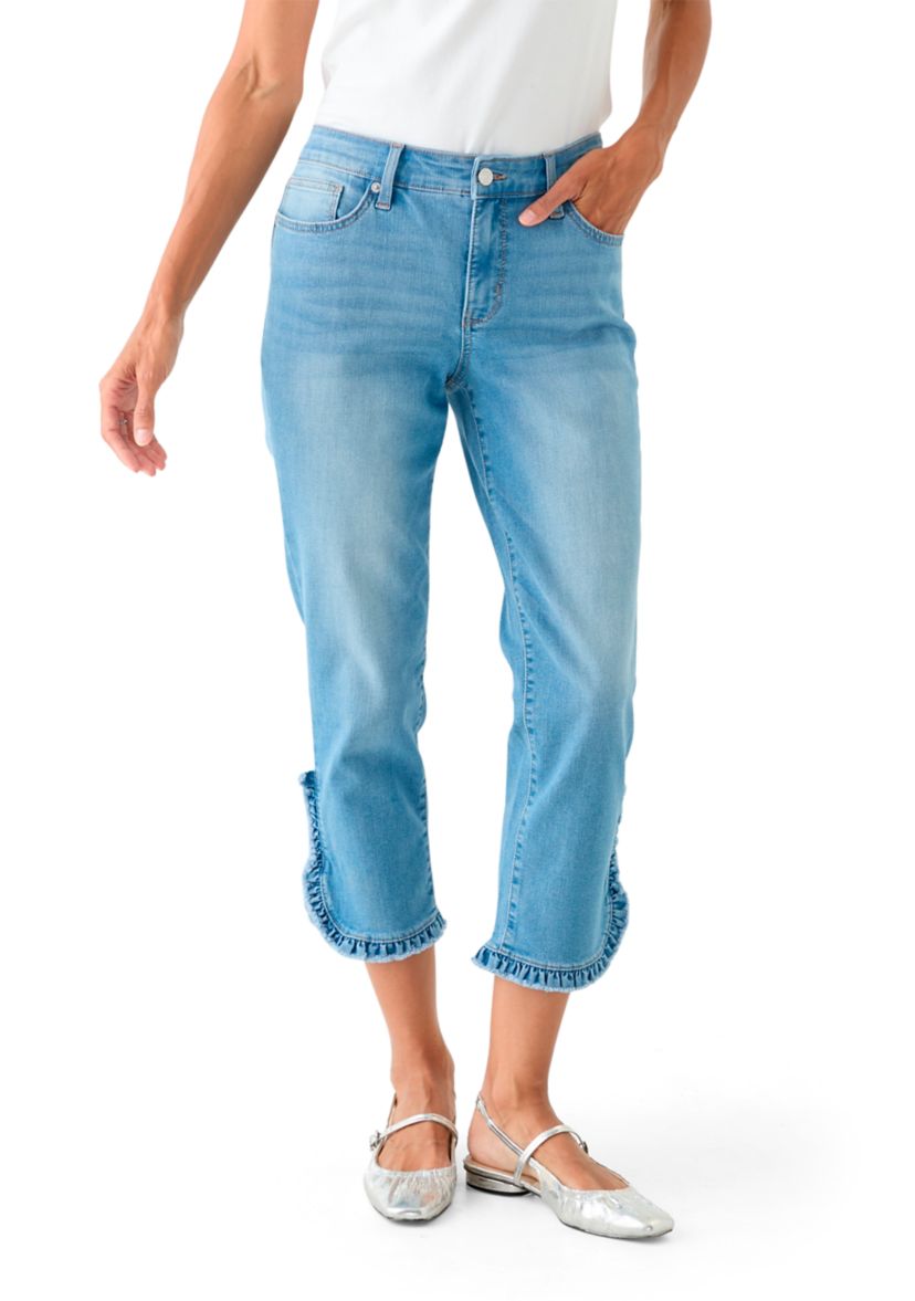 Womens Mid Rise Ruffle Hem Cropped Pants