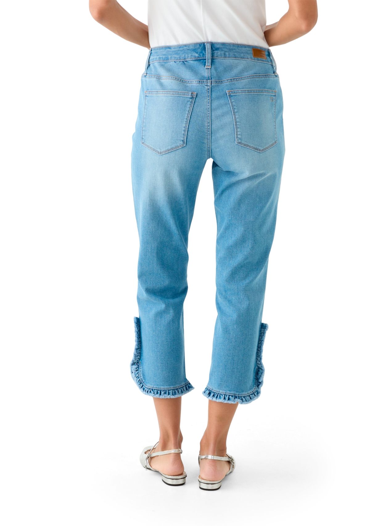 Womens Mid Rise Ruffle Hem Cropped Pants